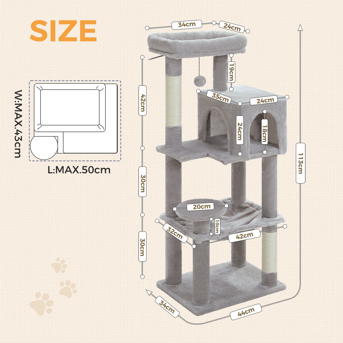 PAWZ Road 113CM Cat Tree Tower Scratching Post Cat Bed Furniture Scratcher Condo House Grey