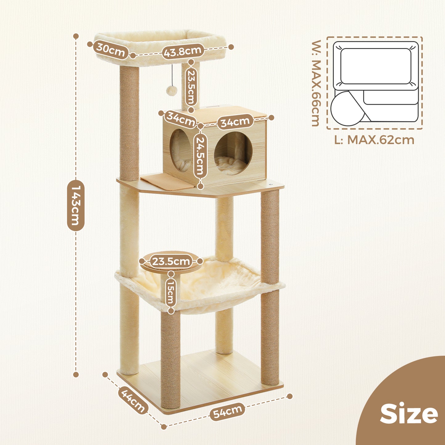 PAWZ Road 143cm Cat Tree Tower Scratching Post Scratcher Cat Condo Tree Kitten Bed Toy Wood Beige