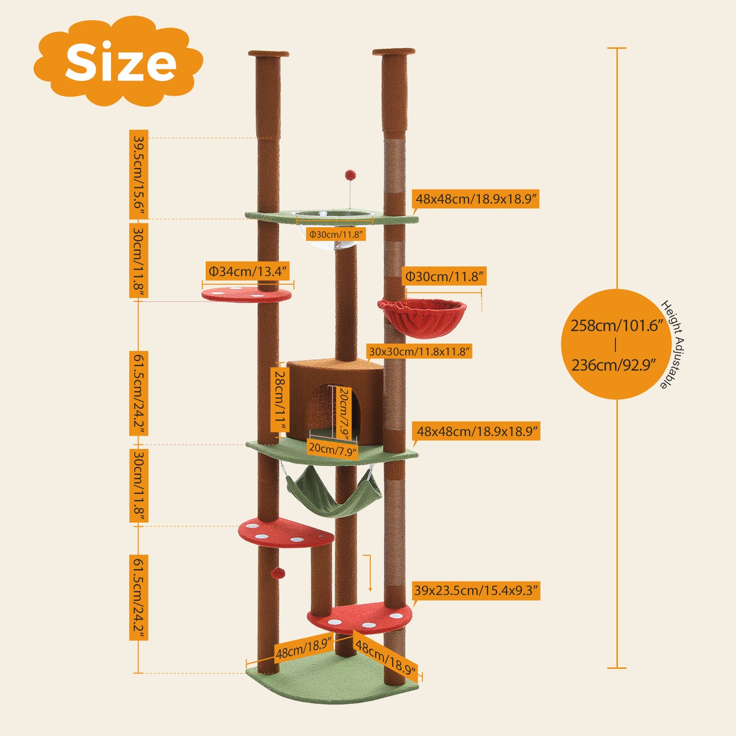 Cat Tree Tower Scratching Post Floor to Ceiling Height Adjustable Cat Condo Bed Brown