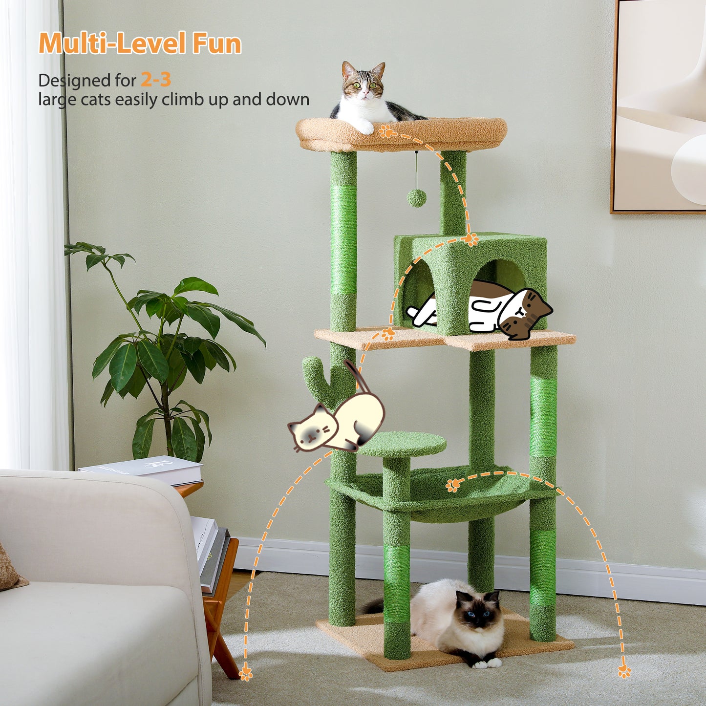 PAWZ Road 143cm Cactus Cat Tree Tower Scratching Post Scratcher Cat Condo Tree Kitten Bed Toy Green