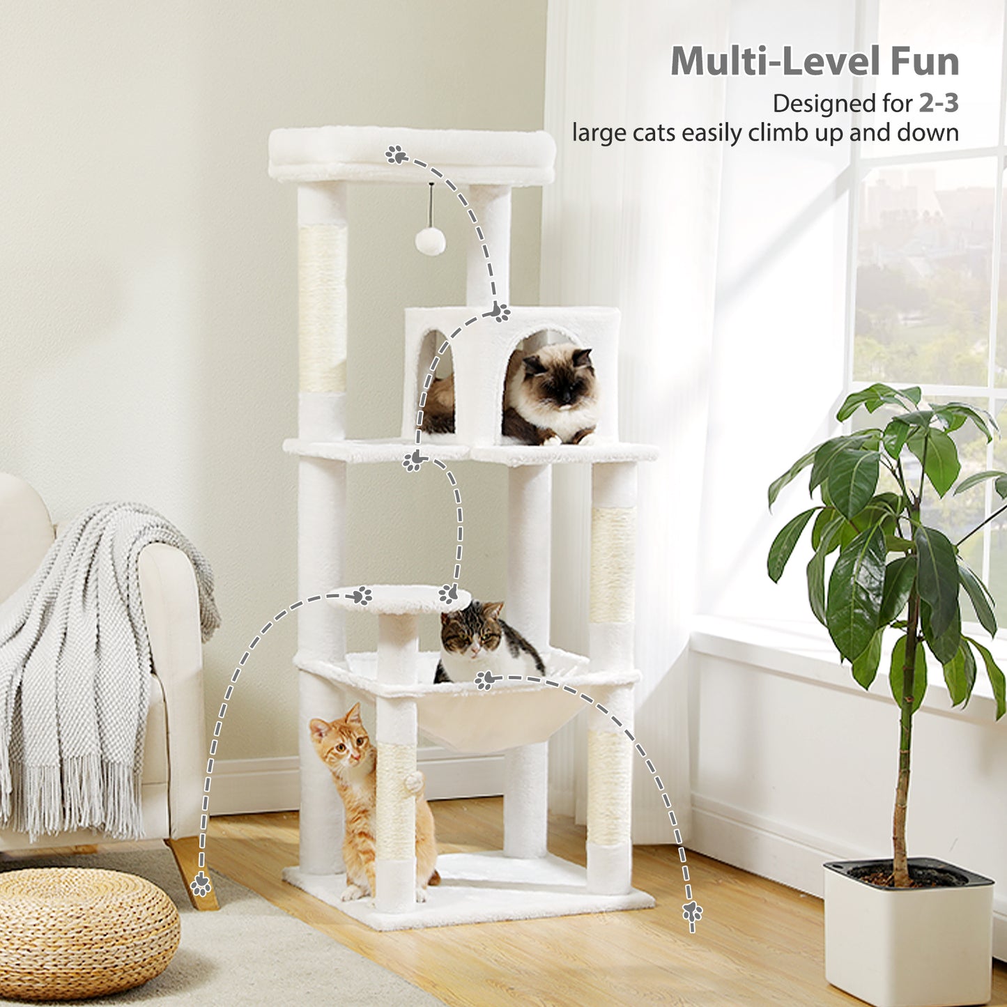 PAWZ Road 143CM Cat Tree Tower Scratching Post Cat Bed Furniture Scratcher Condo House White