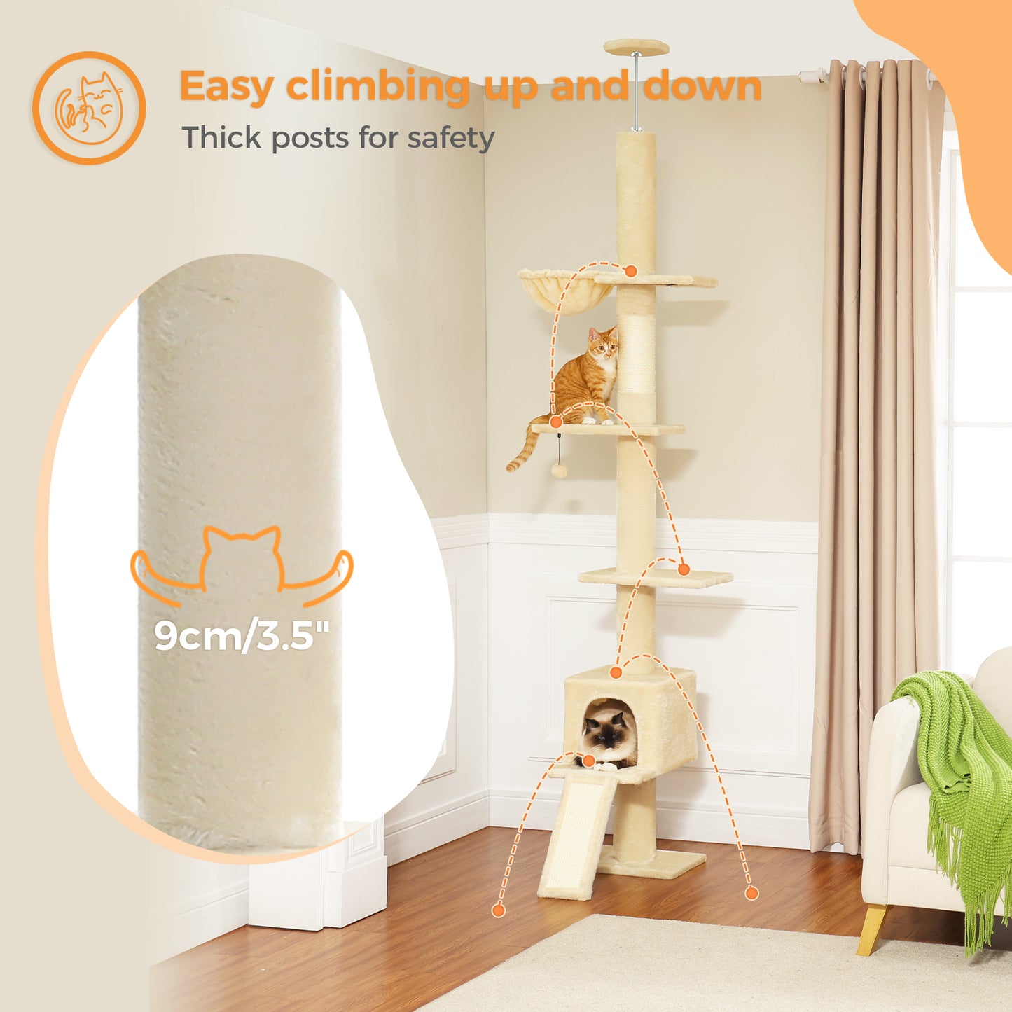PAWZ Road Cat Tree Tower Scratching Post Ceiling High Cat Scratcher Condo Beds Beige
