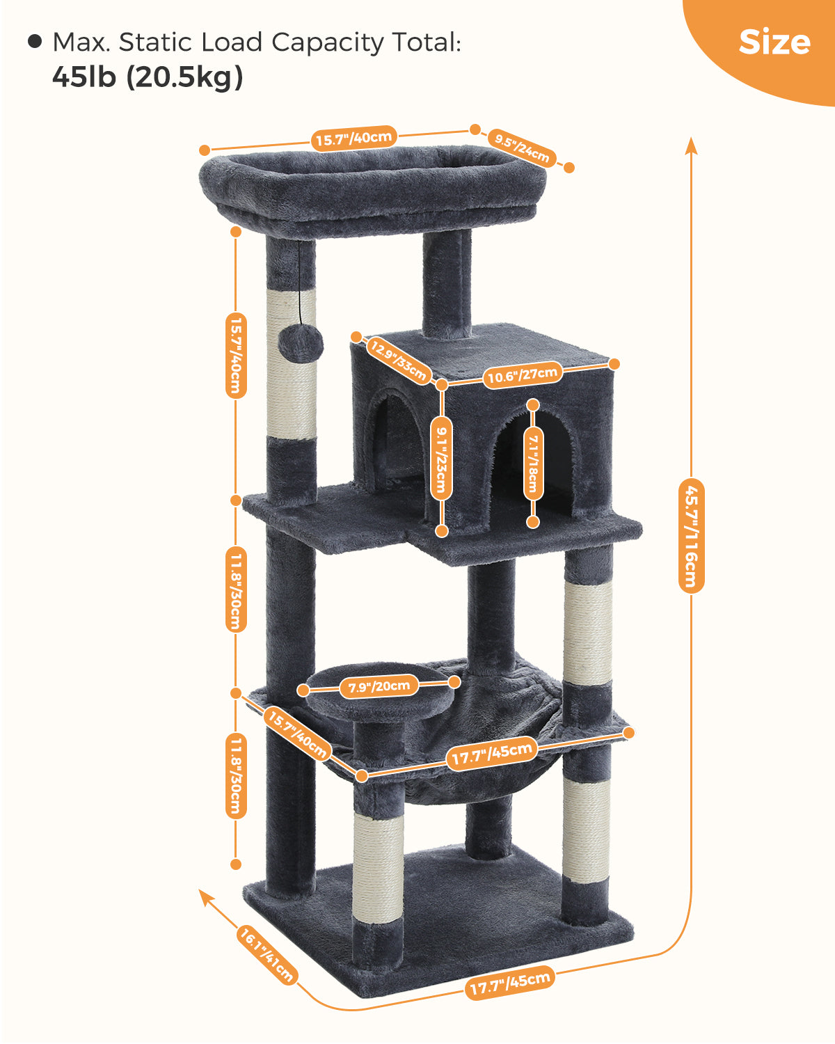 PAWZ Road 116cm Cat Tree Tower Scratching Post Scratcher Cat Condo Tree Kitten Bed Toy Dark Grey
