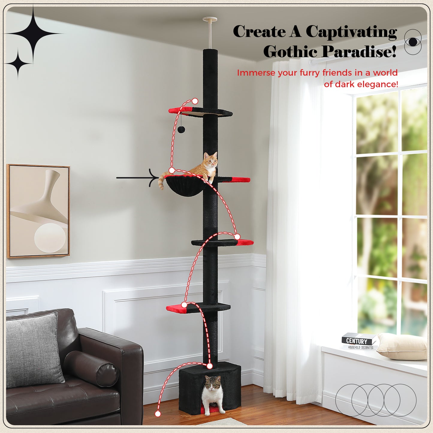 PAWZ Road Gothic Cat Tree Tower Floor to Ceiling Cat Scratching Post Scratcher Black