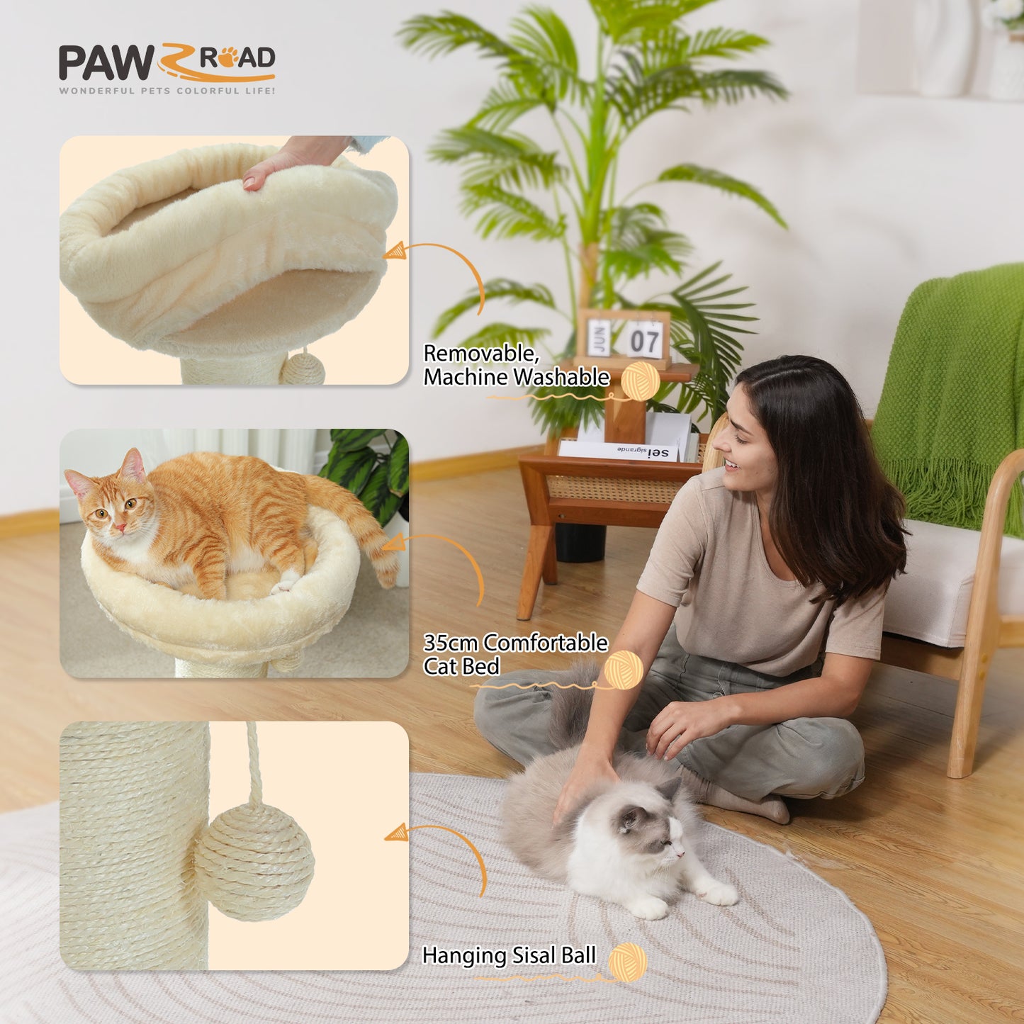 PAWZ Road 60cm Cat Scratching Post with Super Thick Scratcher Cats Bed Toys Scratch Beige
