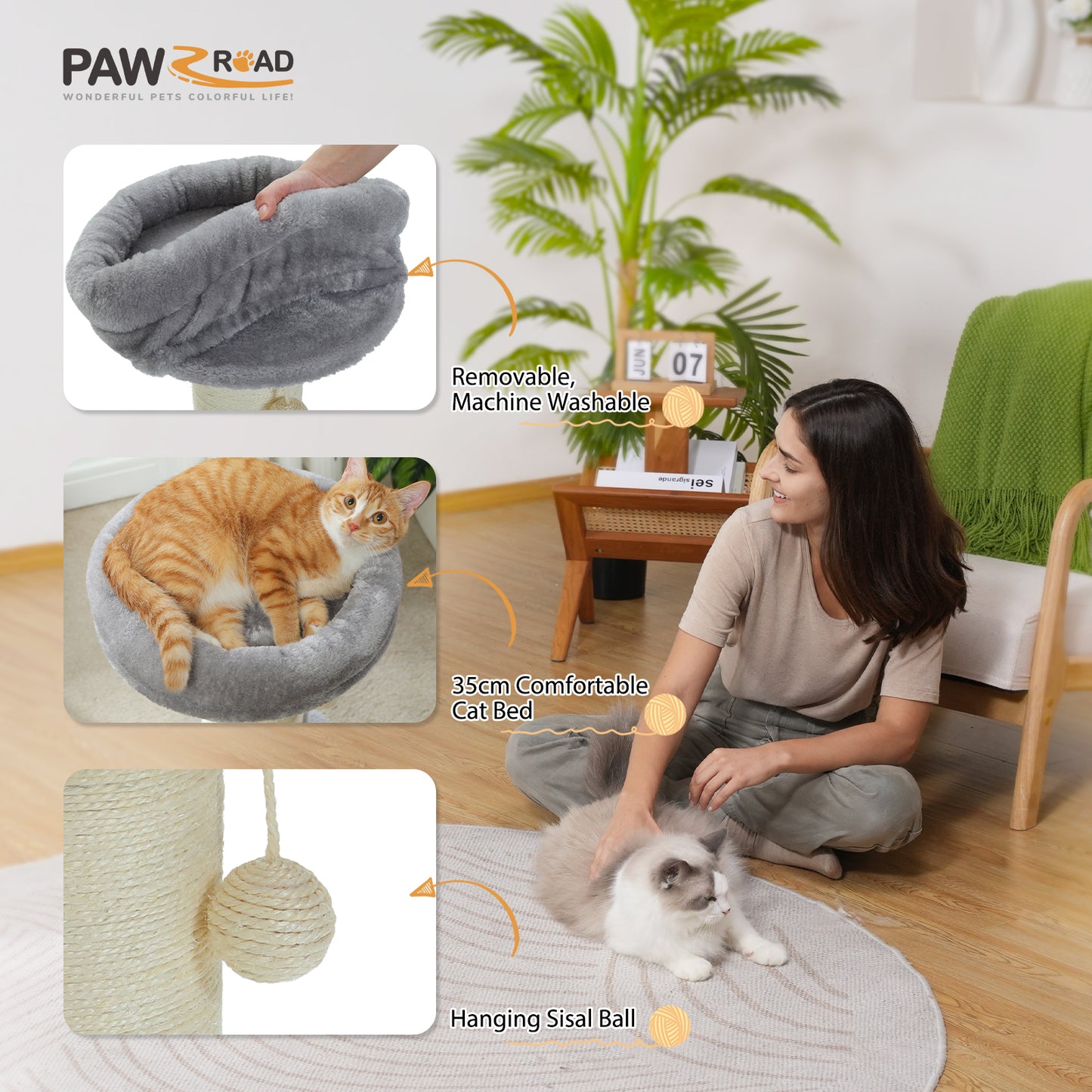 PAWZ Road 60cm Cat Scratching Post with Super Thick Scratcher Cats Bed Toys Scratch Grey