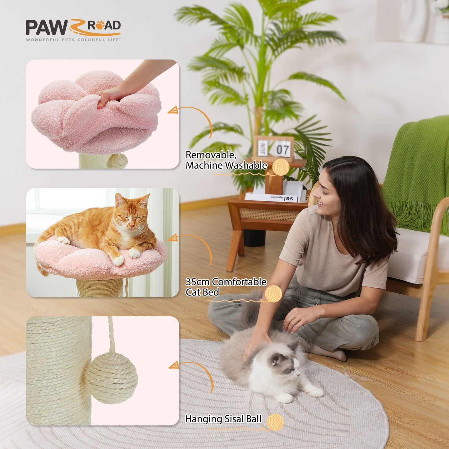 PAWZ Road 60cm Cat Scratching Post with Super Thick Scratcher Cats Bed Toys Scratch Pink