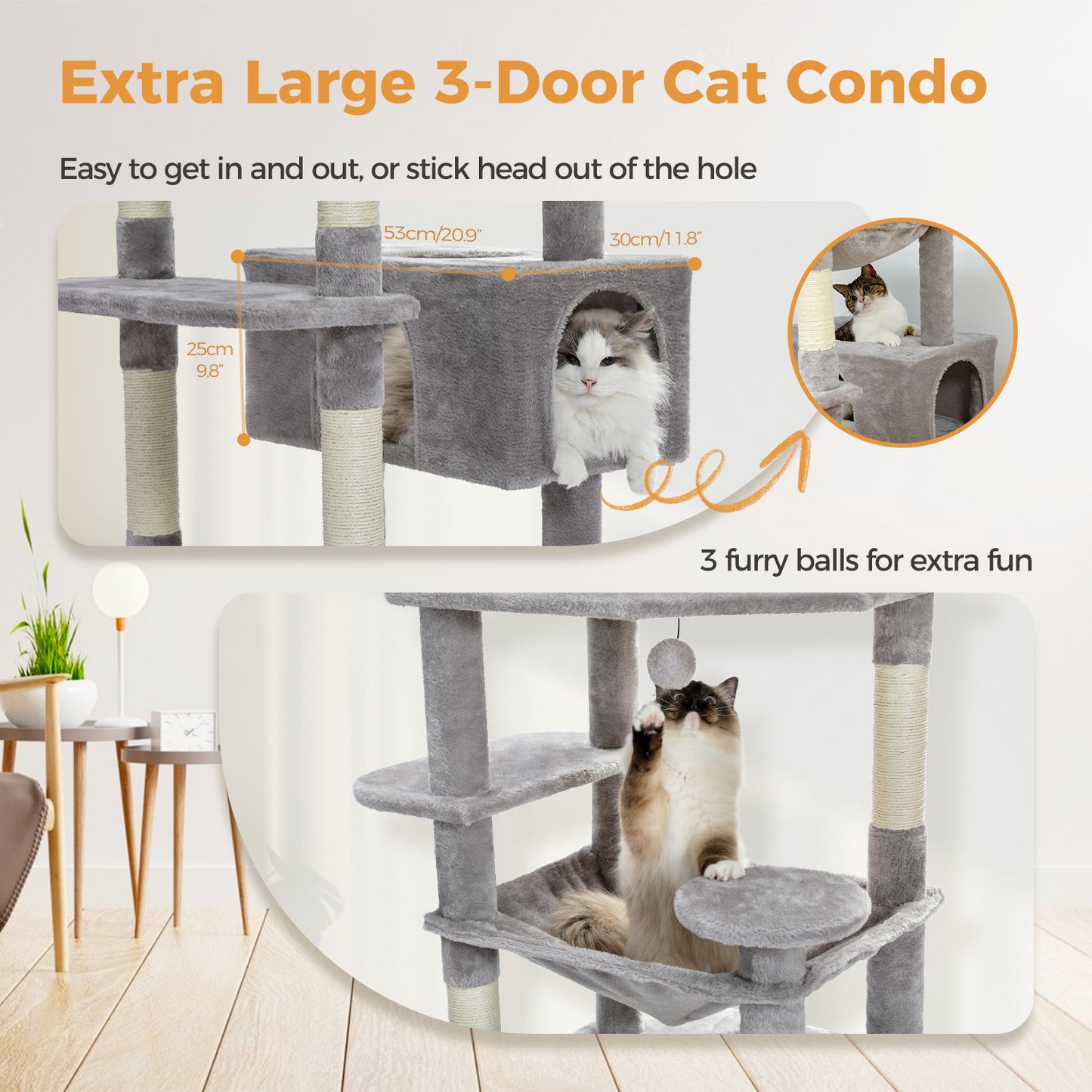 PAWZ Road 184cm Cat Tree Tower Scratching Post Scratcher Condo House Bed Toy Furniture Grey