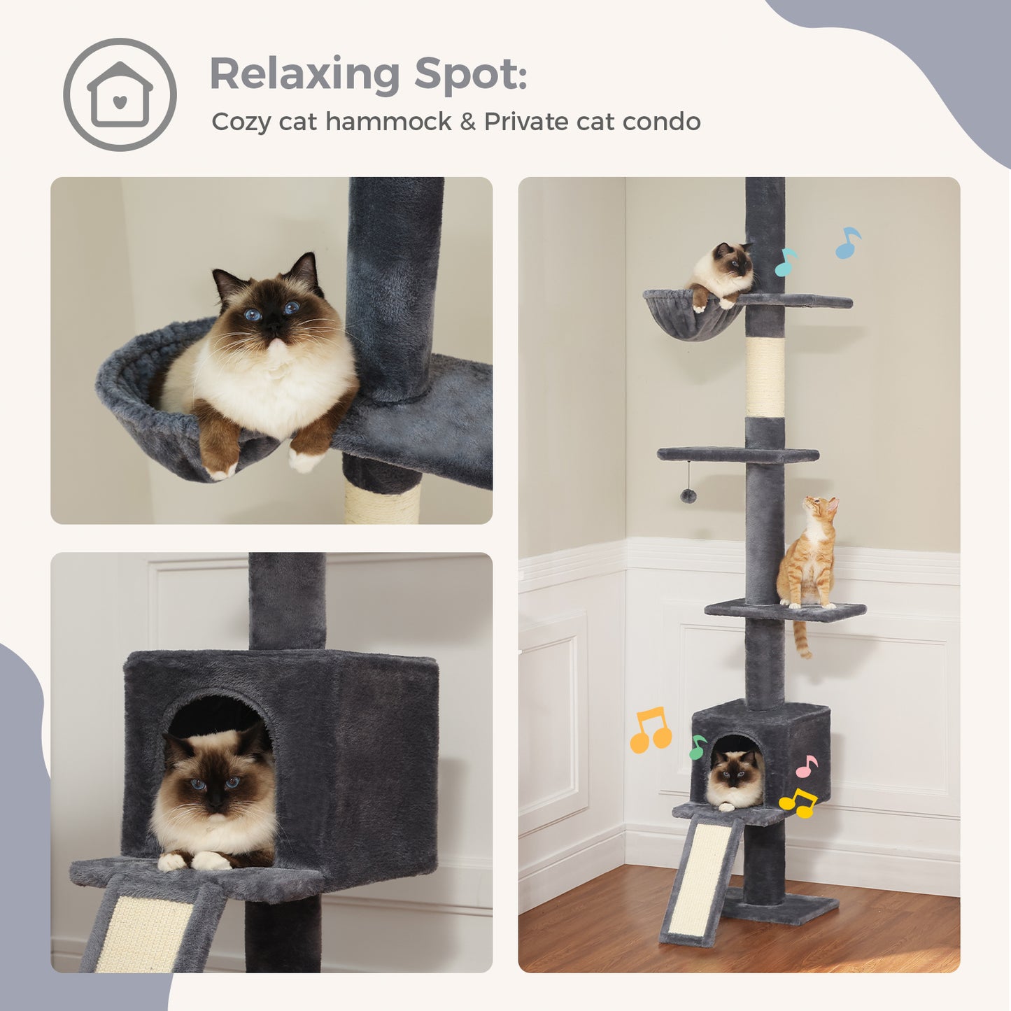 PAWZ Road Cat Tree Tower Scratching Post Ceiling High Cat Scratcher Condo Beds Dark Grey