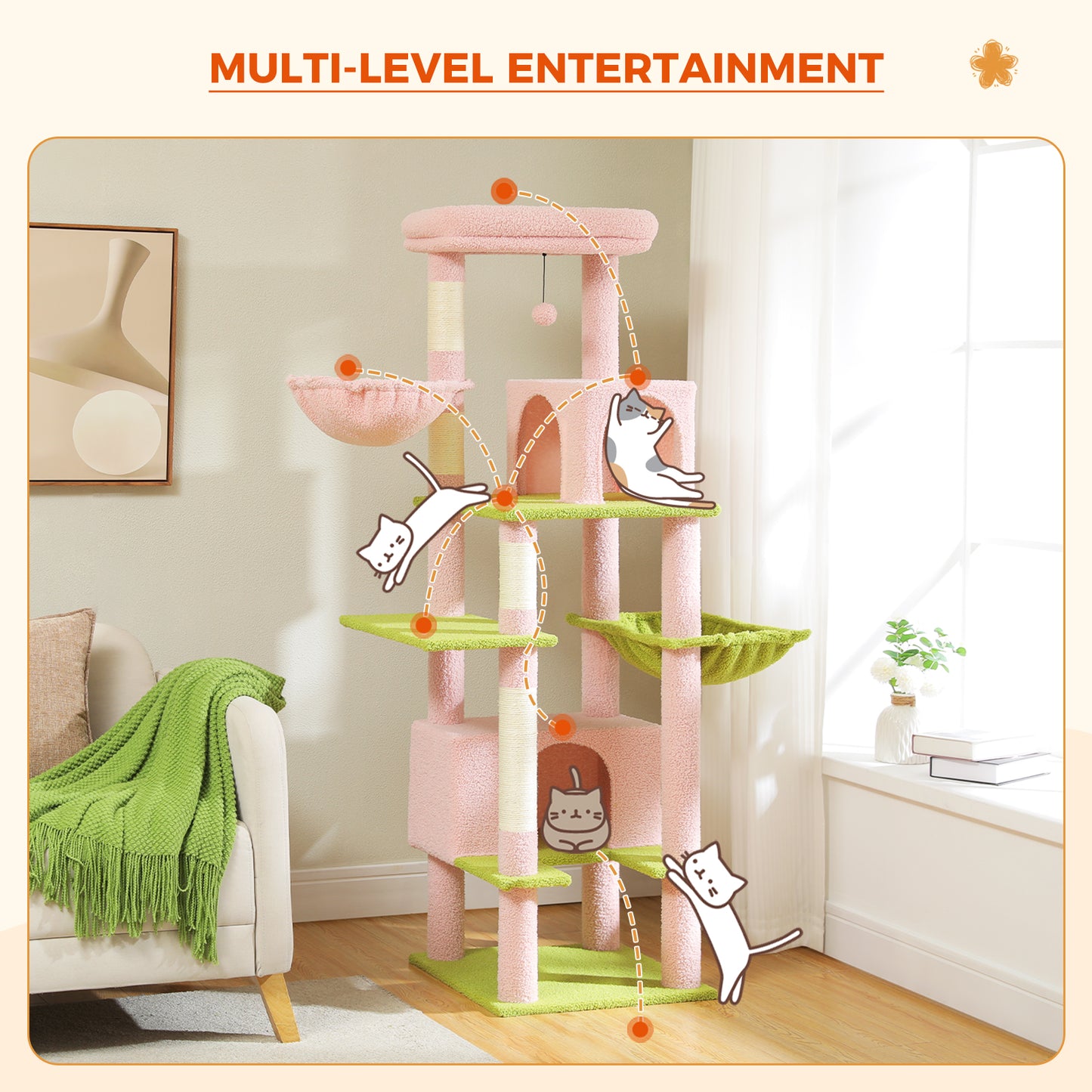PAWZ Road 168cm Cat Tree Tower Scratching Post Scratcher for Large Cats Condo House Furniture Pink