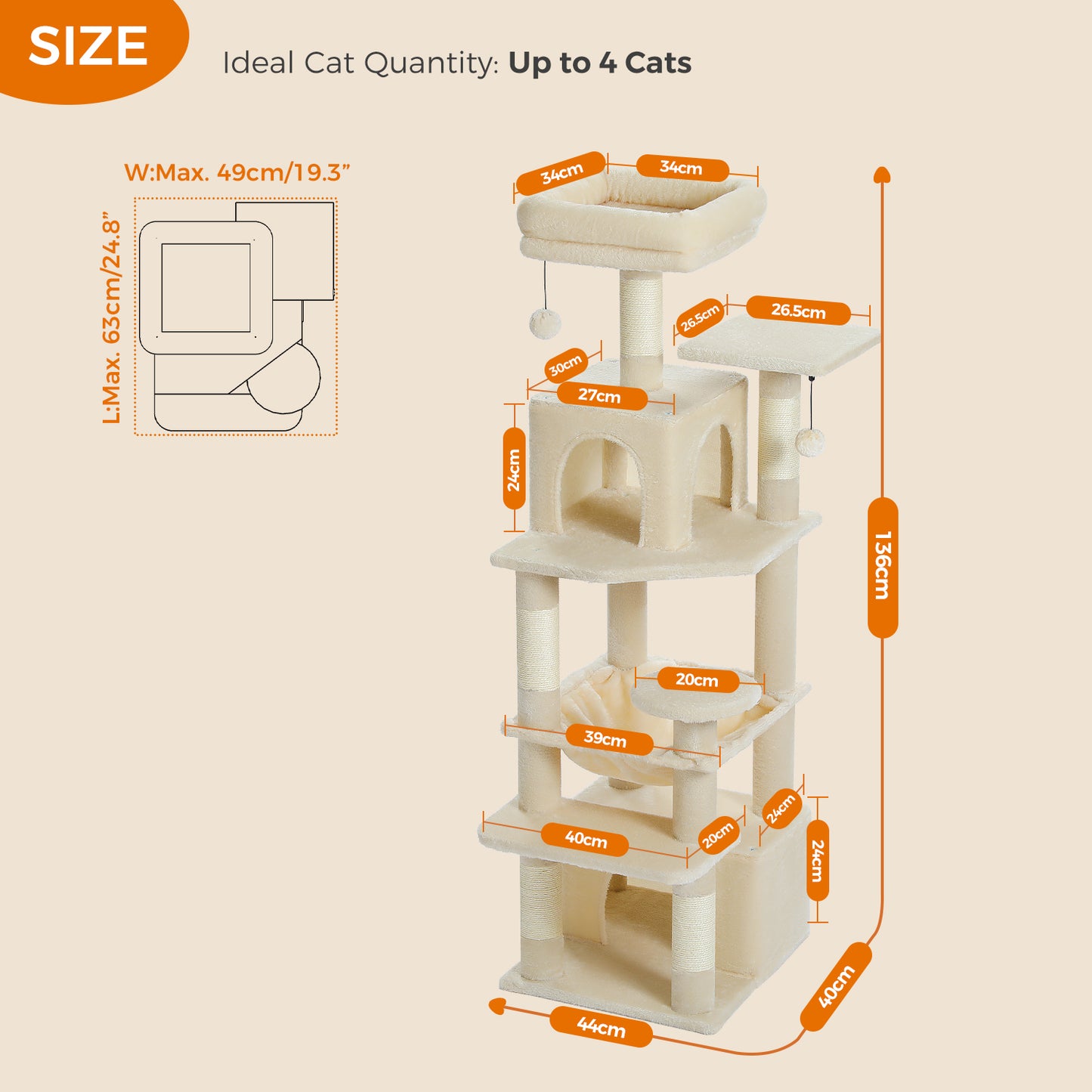 PAWZ Road Cat Tree Tower Scratching Post Scratcher Condo House Bed Toys 136cm Beige