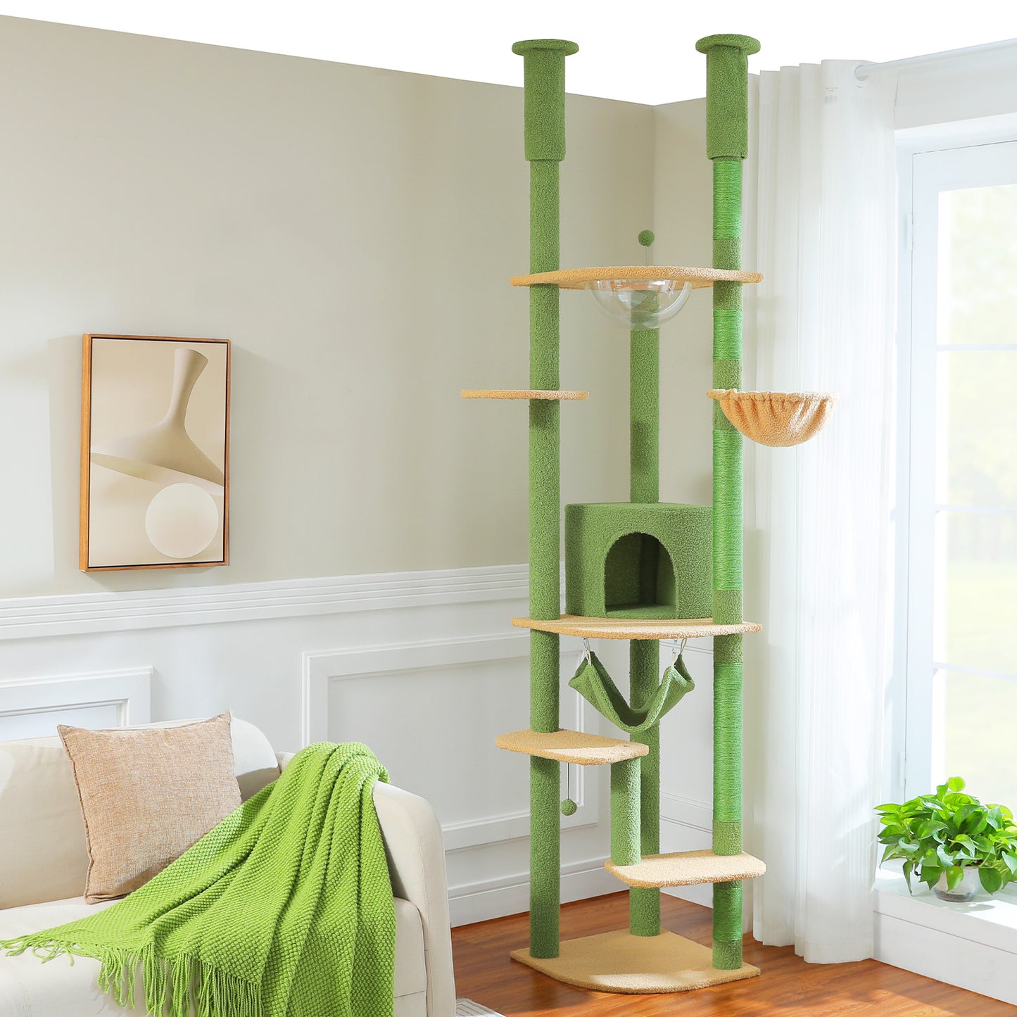 PAWZ Road Cat Tree Tower Scratching Post Floor to Ceiling Height Adjustable Cat Condo Bed Green