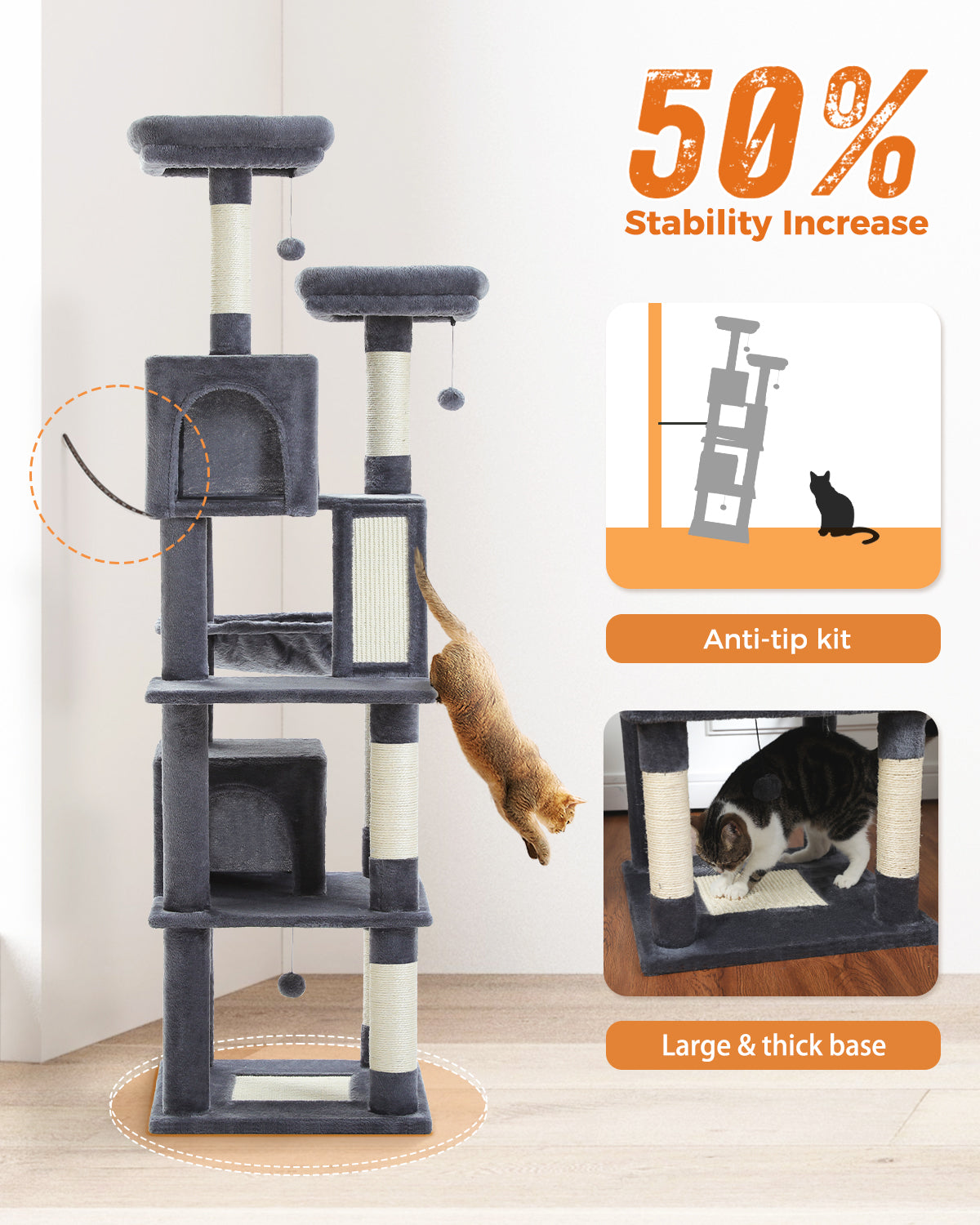 PAWZ Road 180cm Cat Tree Tower Scratching Post Adult Cats Condo House Bed Toys Dark Grey