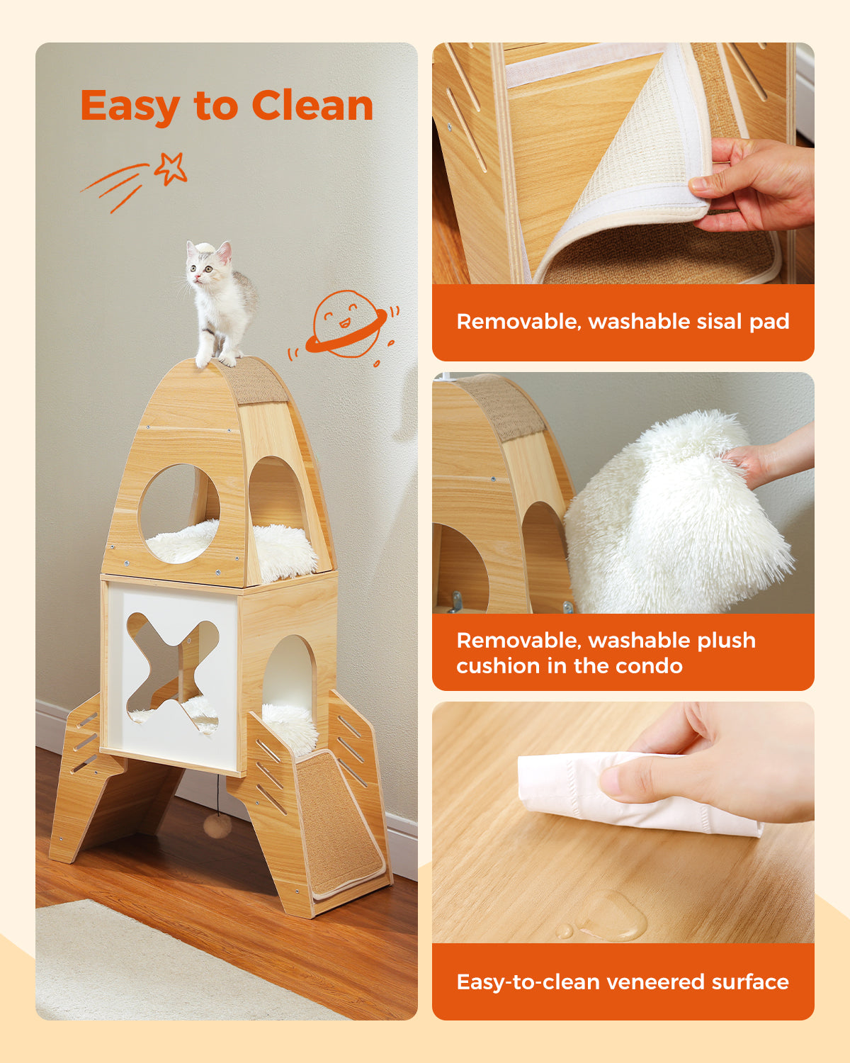 PAWZ Road 110cm Cat Tree Tower Scratching Post Scratcher Rocket Shape Cat Condo House Beige