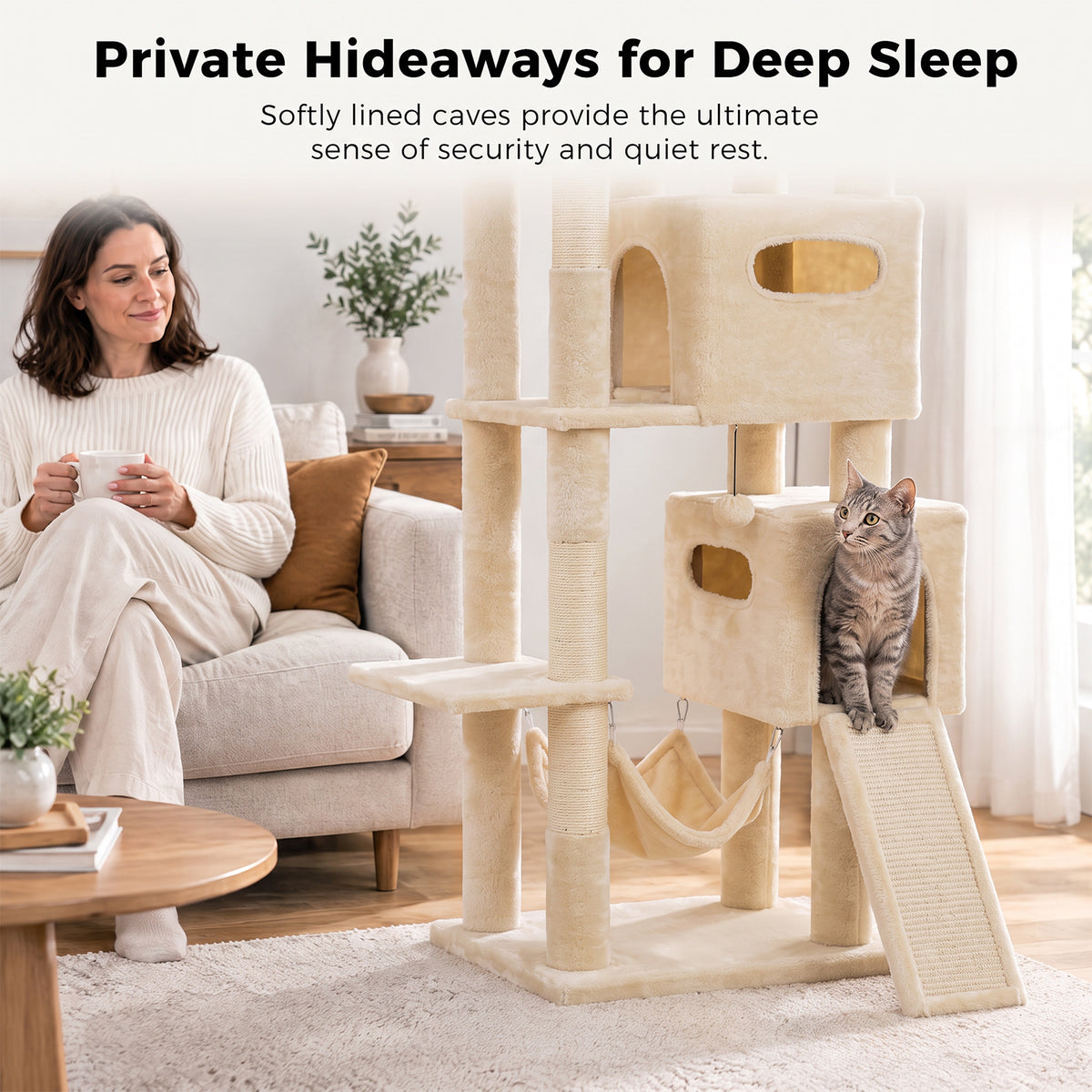 PAWZ Road 196cm Tall Cat Tree, Multi-Level Cat Tower for Large Indoor Cats 2 Large Perches, Sisal Scratching Posts & Ramp, Hanging Hammock & 2 Hanging Caves, 2 Private Condos, 2 Dangling Balls, Beige
