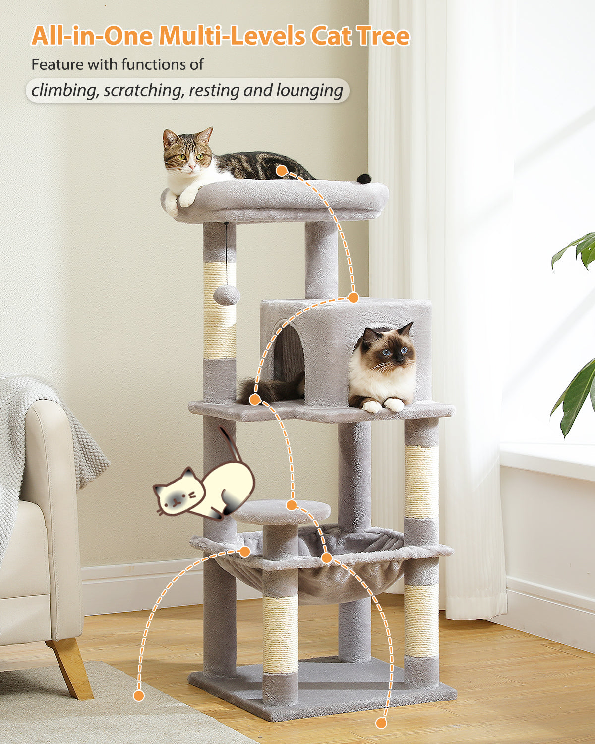 PAWZ Road 116cm Cat Tree Tower Scratching Post Scratcher Cat Condo Tree Kitten Bed Toy Grey