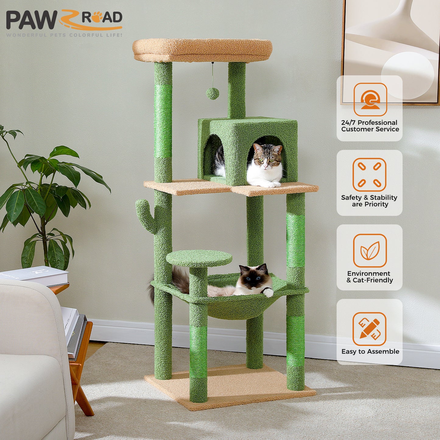 PAWZ Road 143cm Cactus Cat Tree Tower Scratching Post Scratcher Cat Condo Tree Kitten Bed Toy Green
