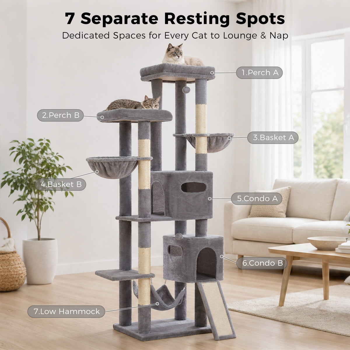 PAWZ Road 196cm Tall Cat Tree, Multi-Level Cat Tower for Large Indoor Cats 2 Large Perches, Sisal Scratching Posts & Ramp, Hanging Hammock & 2 Hanging Caves, 2 Private Condos, 2 Dangling Balls, Grey