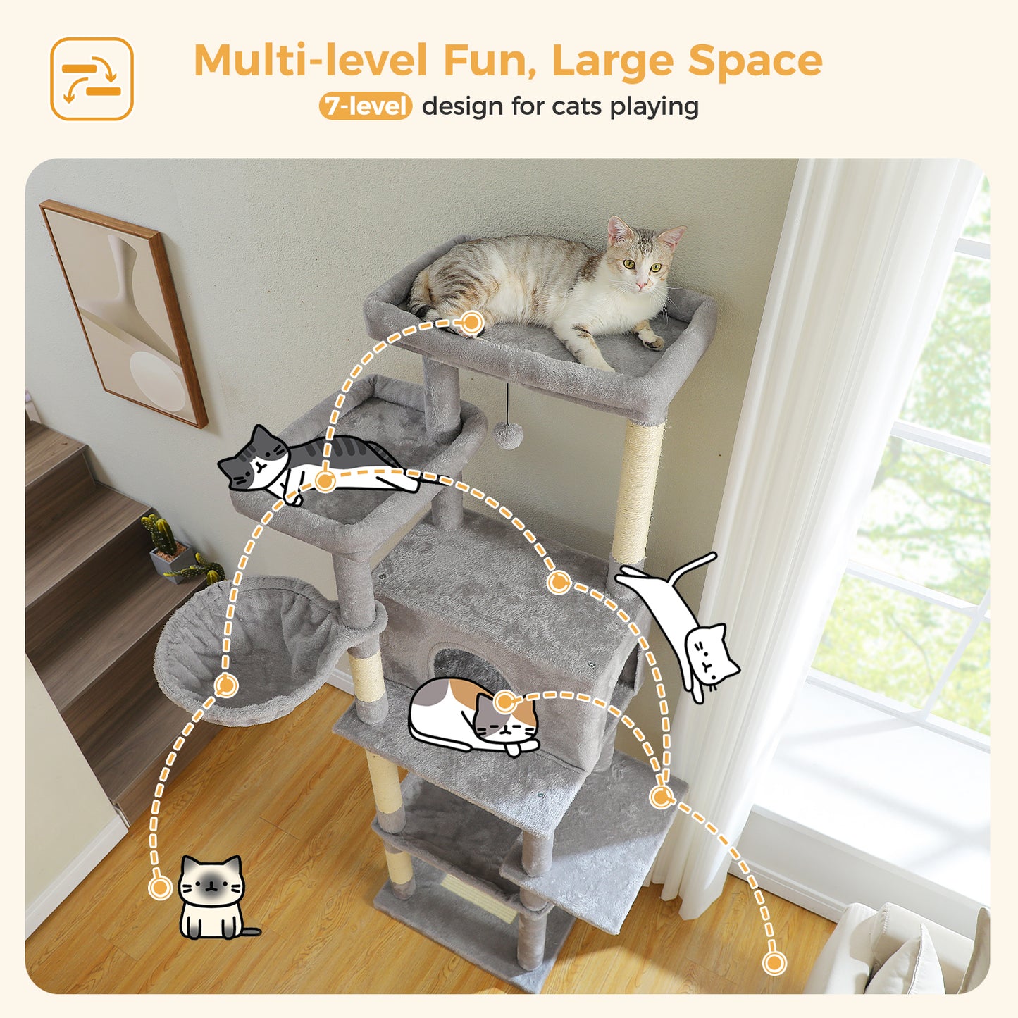 PAWZ Road 186cm Cat Tree Tower Scratching Post Condo House Bed for Large Cats Grey