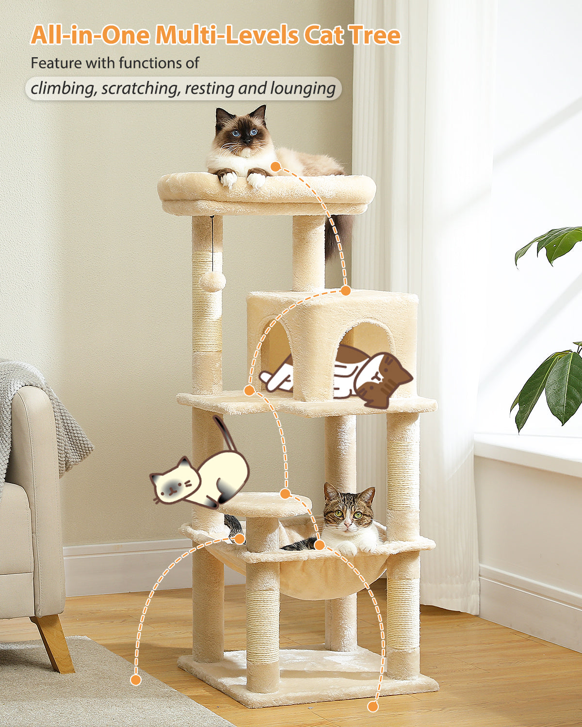 PAWZ Road 116cm Cat Tree Tower Scratching Post Scratcher Cat Condo Tree Kitten Bed Toy Beige