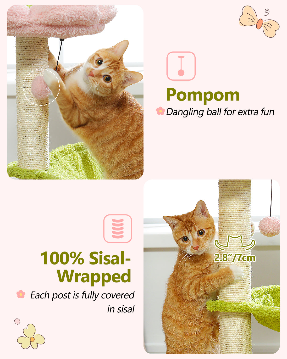 PAWZ Road Cat Tree Tower Scratching Post for Kitten Bed Condo House with Hammock Pink