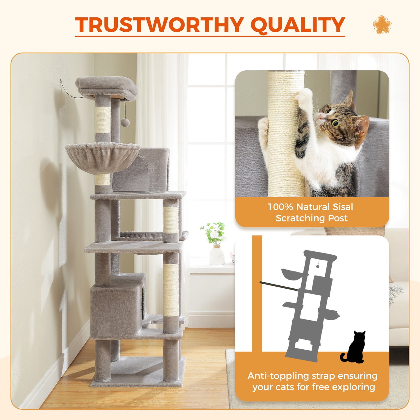 PAWZ Road 168cm Cat Tree Tower Scratching Post Scratcher for Large Cats Condo House Furniture Grey