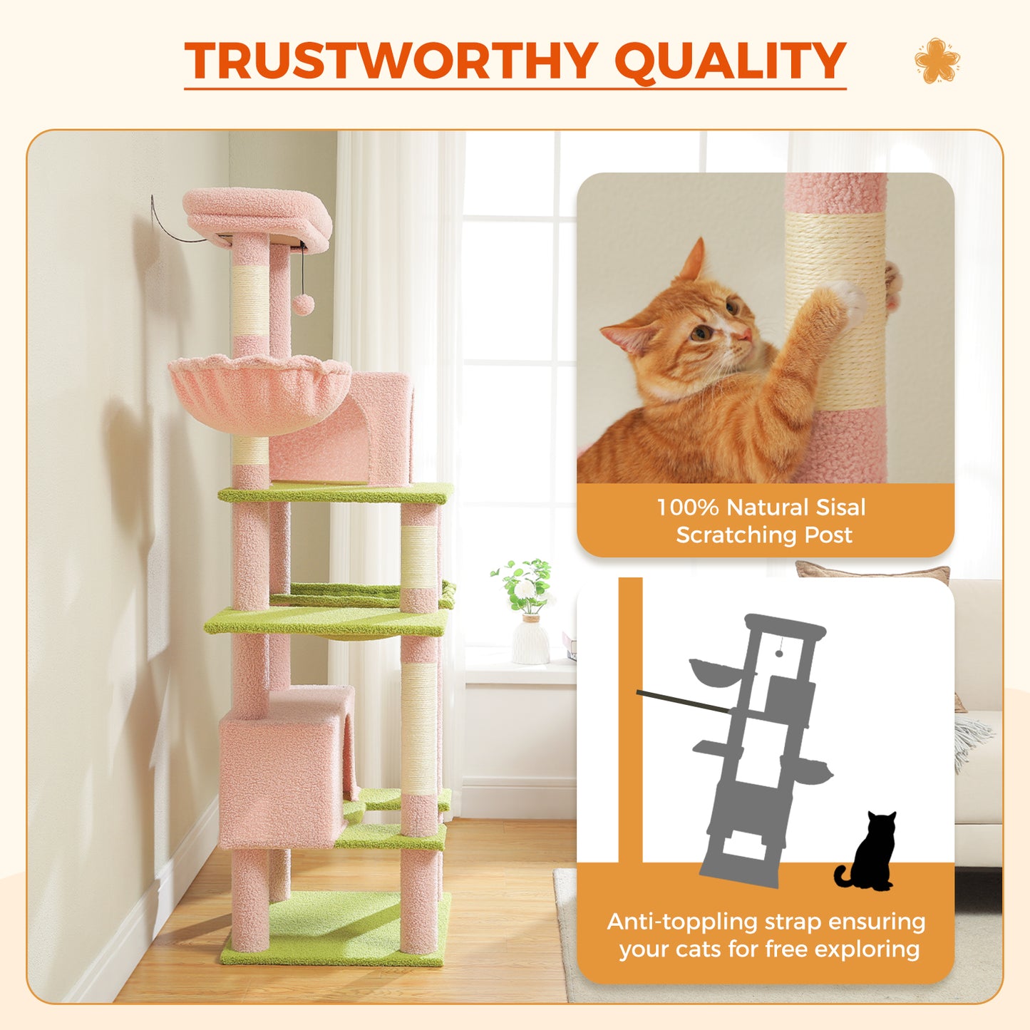 PAWZ Road 168cm Cat Tree Tower Scratching Post Scratcher for Large Cats Condo House Furniture Pink