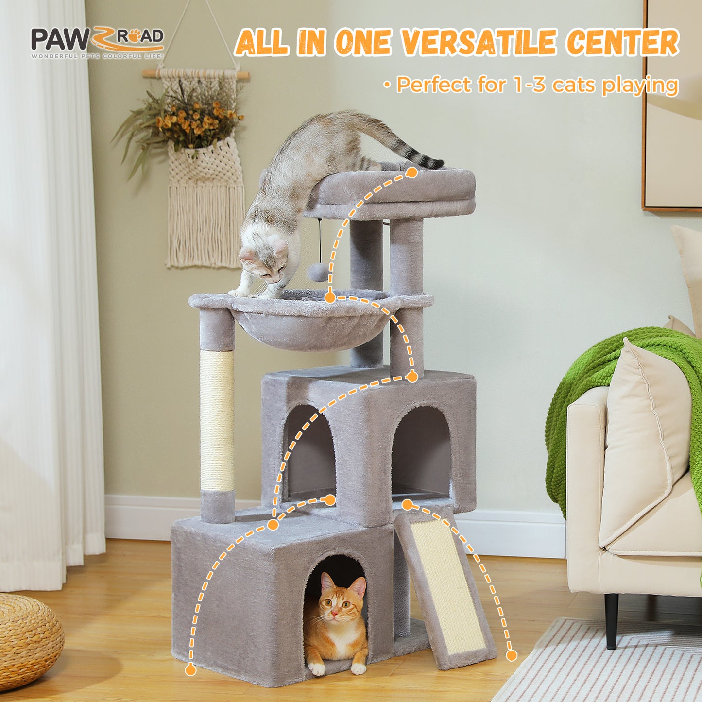 PAWZ Road 104cm Cat Tree Tower Scratching Post Scratcher Condo House for Indoor Cats Grey