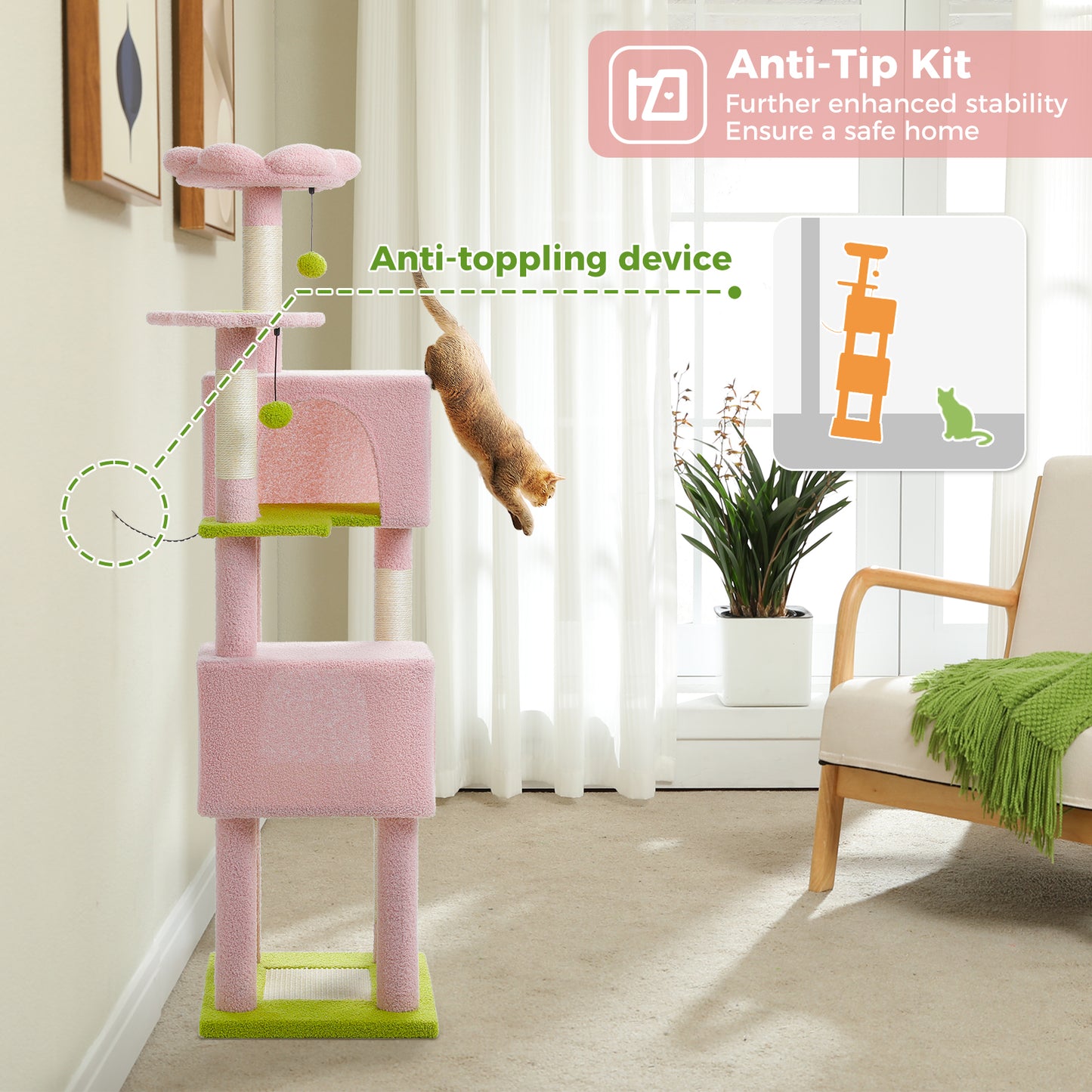 PAWZ Road 157cm Cat Tree Tower Scratching Post Scratcher Condo House Furniture Pink