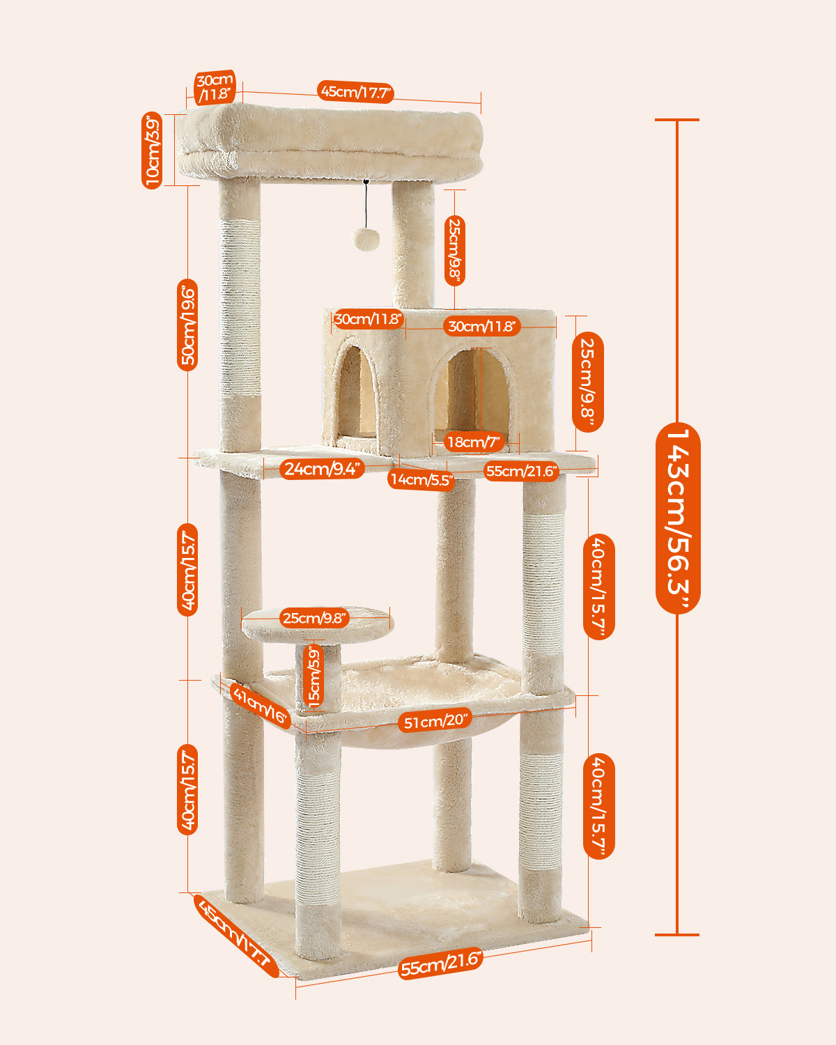 PAWZ Road 143cm Cat Tree Tower Scratching Post Scratcher Cats Bed Condo House Beige