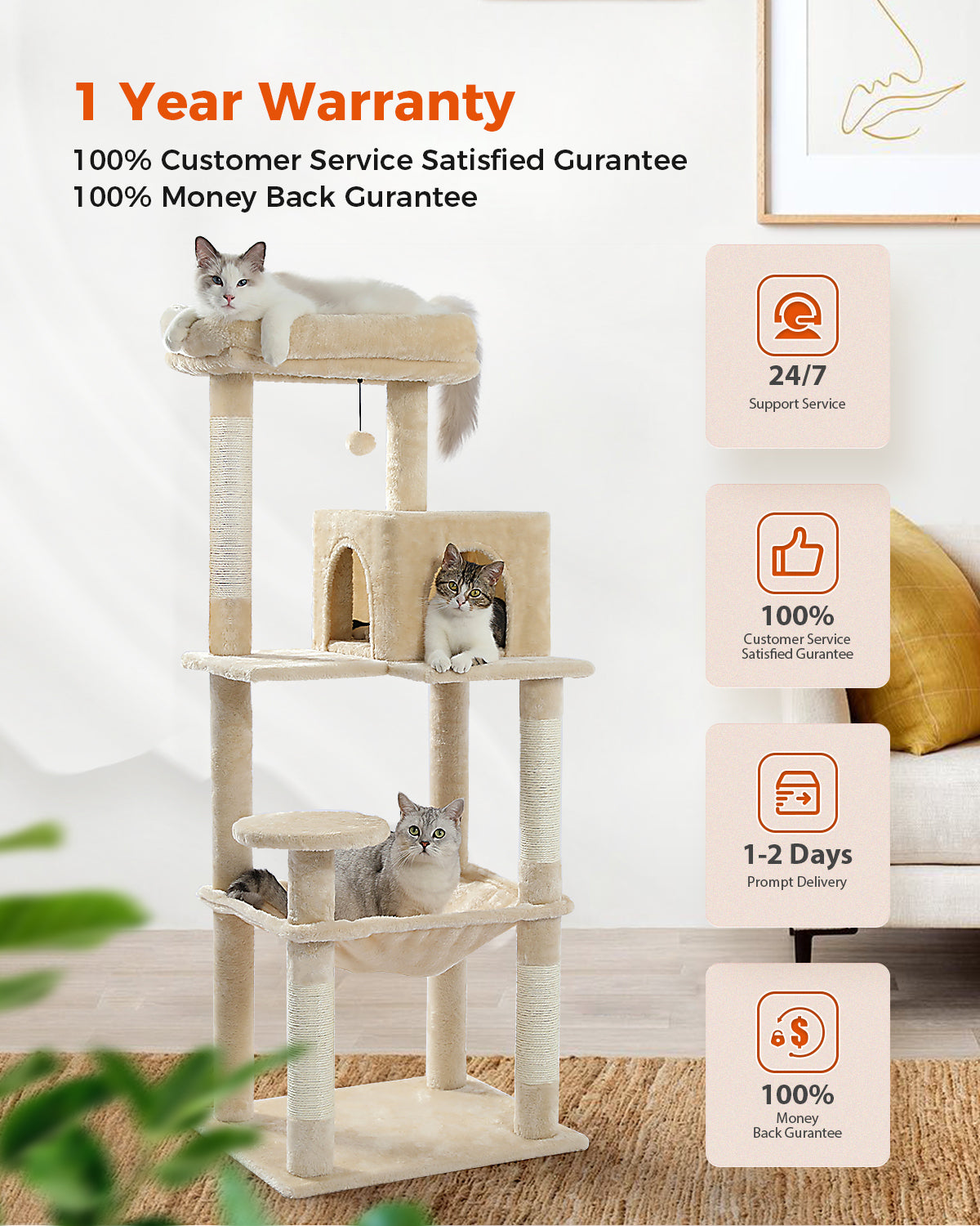 PAWZ Road 143cm Cat Tree Tower Scratching Post Scratcher Cats Bed Condo House Beige