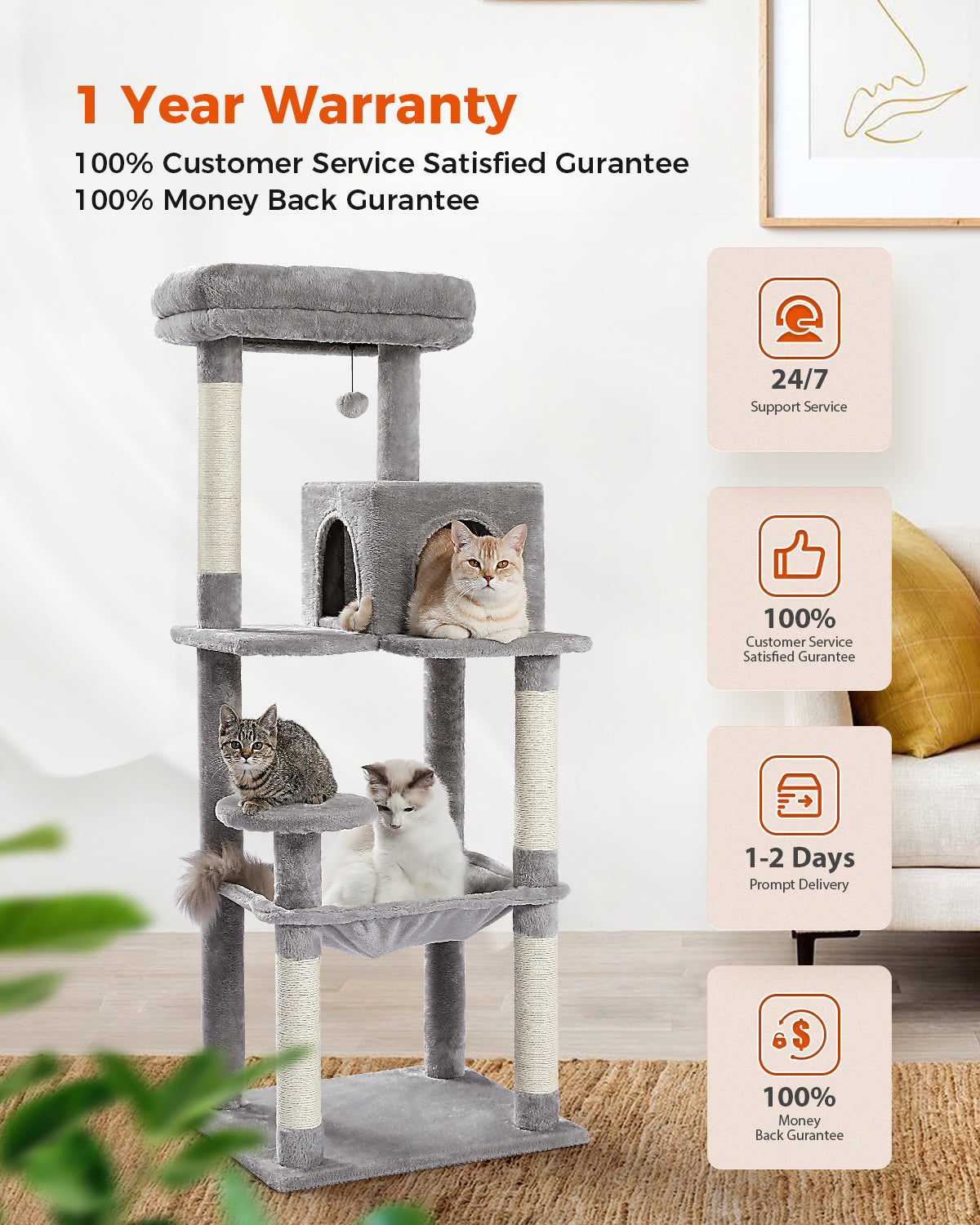 PAWZ Road 143cm Cat Tree Tower Scratching Post Scratcher Cats Bed Condo House Grey