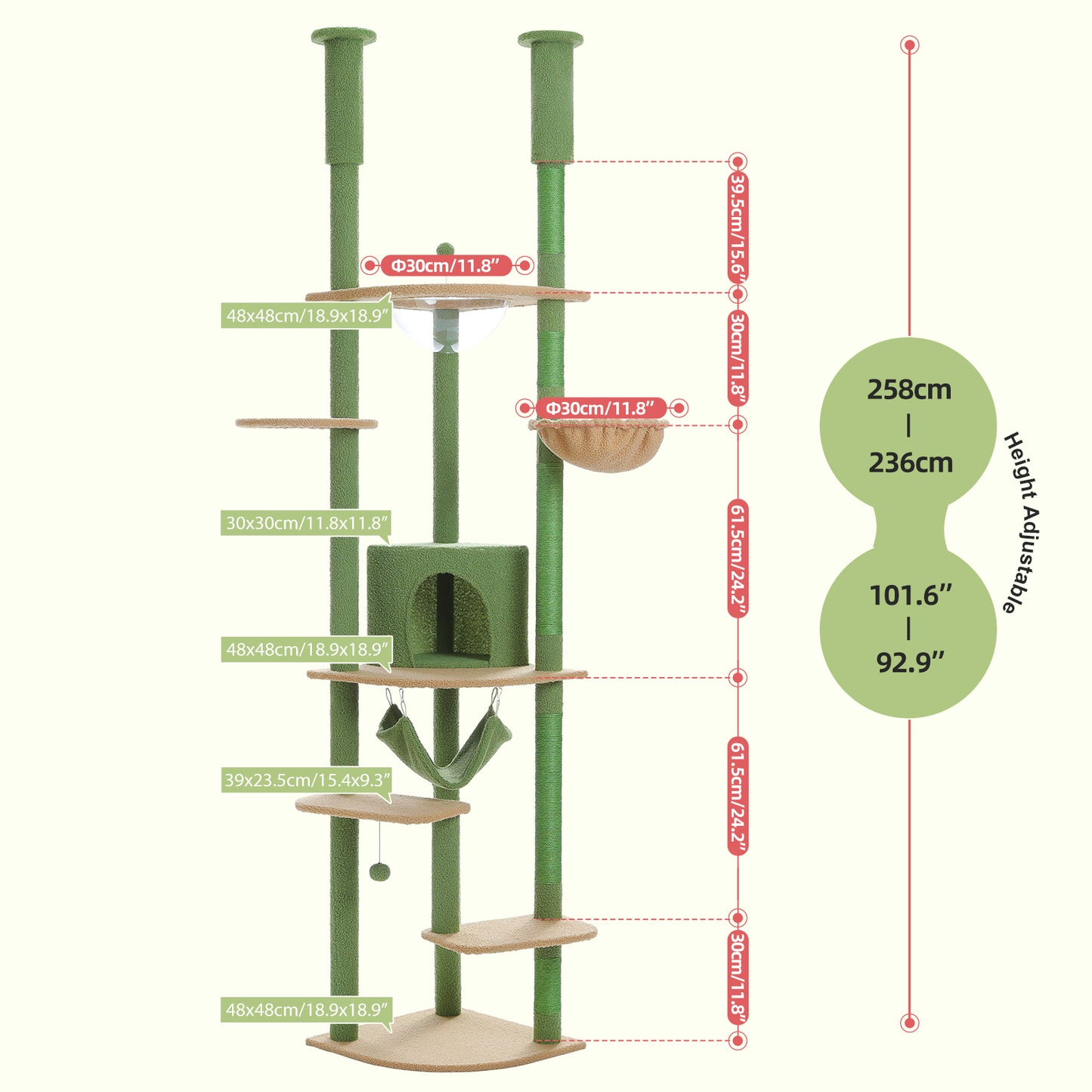 PAWZ Road Cat Tree Tower Scratching Post Floor to Ceiling Height Adjustable Cat Condo Bed Green