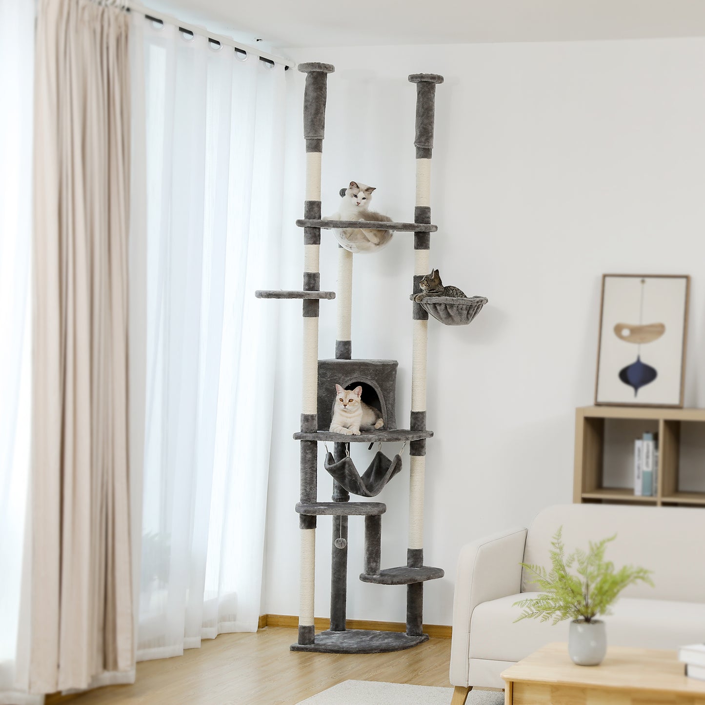 PAWZ Road Cat Tree Tower Scratching Post Floor to Ceiling Height Adjustable Cat Condo Bed Grey