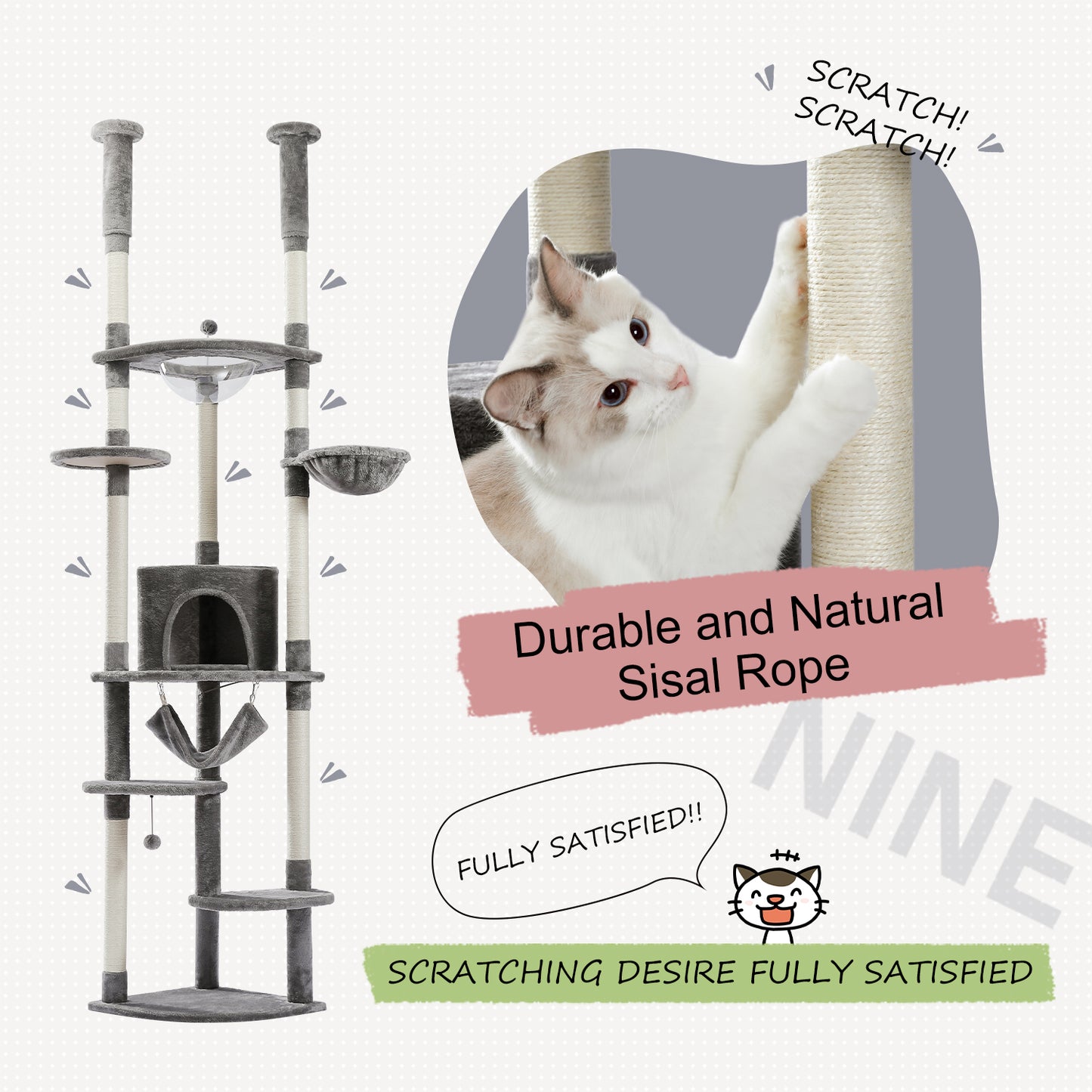 PAWZ Road Cat Tree Tower Scratching Post Floor to Ceiling Height Adjustable Cat Condo Bed Grey