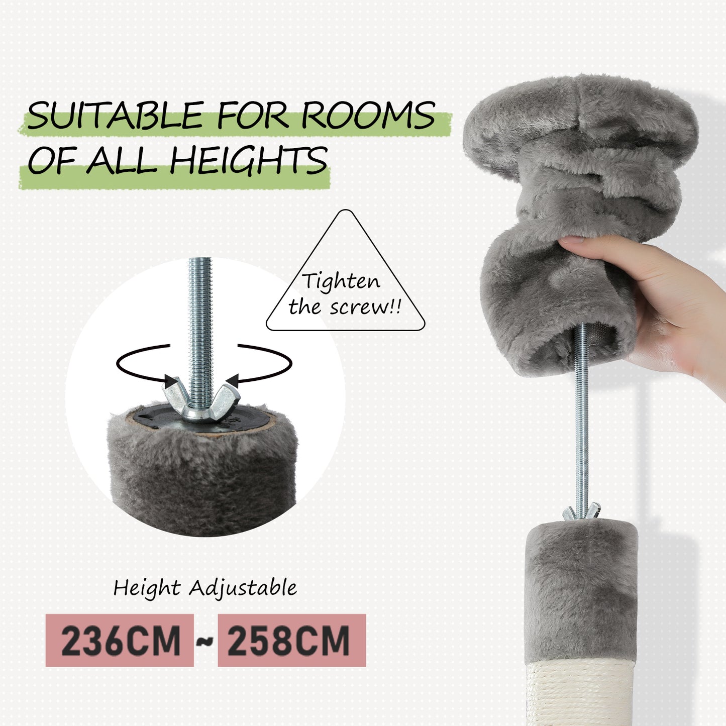 PAWZ Road Cat Tree Tower Scratching Post Floor to Ceiling Height Adjustable Cat Condo Bed Grey