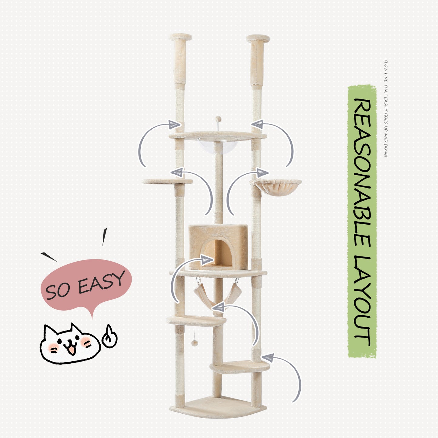 PAWZ Road Cat Tree Tower Scratching Post Floor to Ceiling Height Adjustable Cat Condo Bed Beige