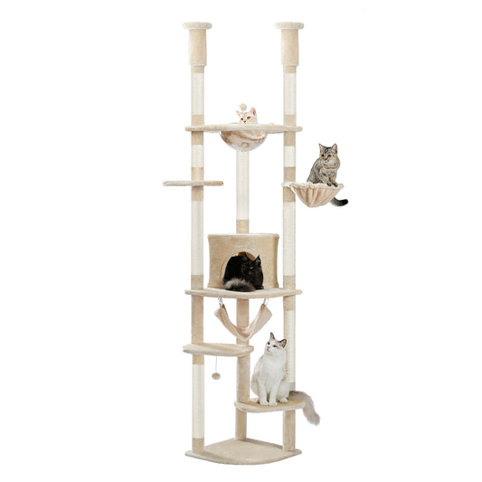 PAWZ Road Cat Tree Tower Scratching Post Floor to Ceiling Height Adjustable Cat Condo Bed Beige