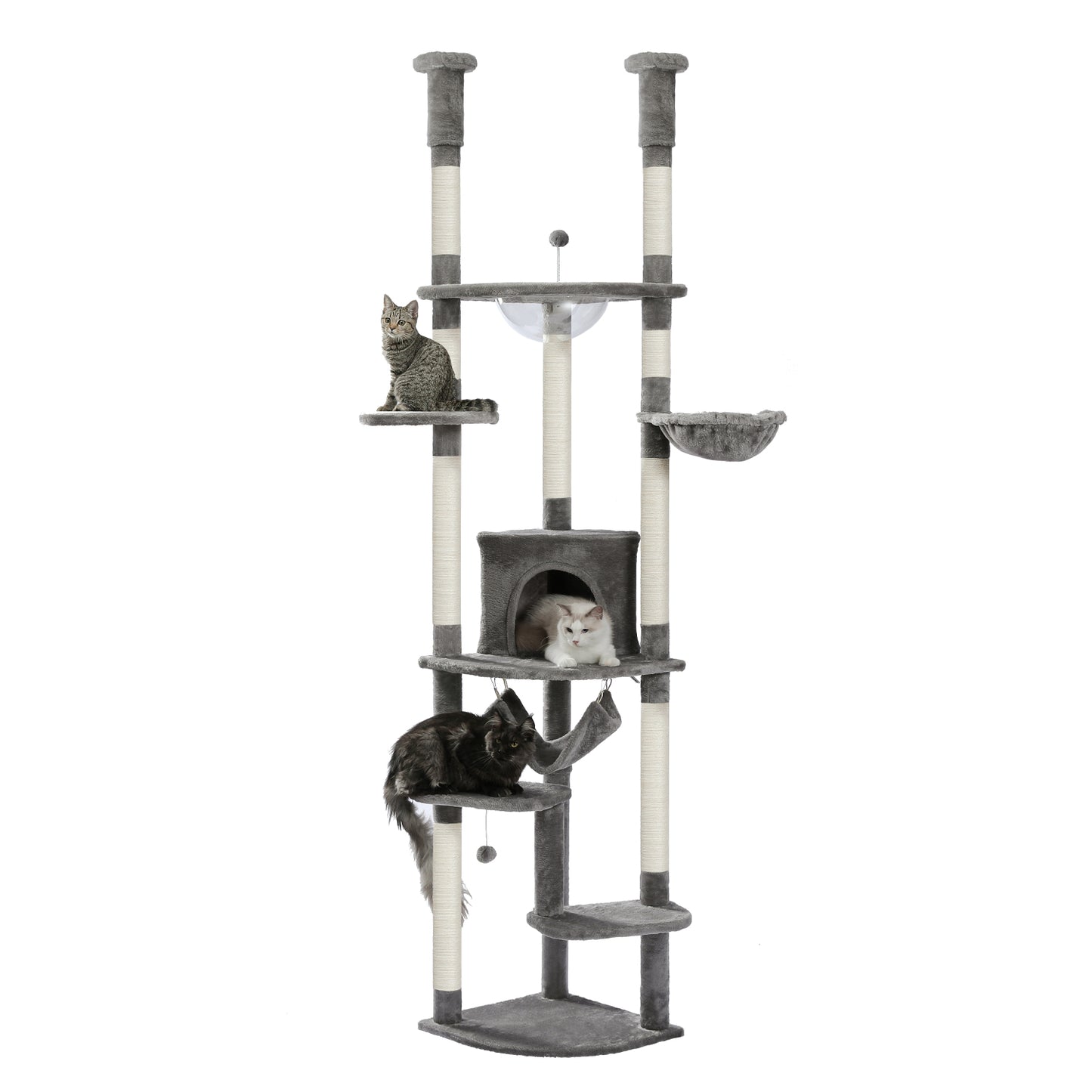 PAWZ Road Cat Tree Tower Scratching Post Floor to Ceiling Height Adjustable Cat Condo Bed Grey