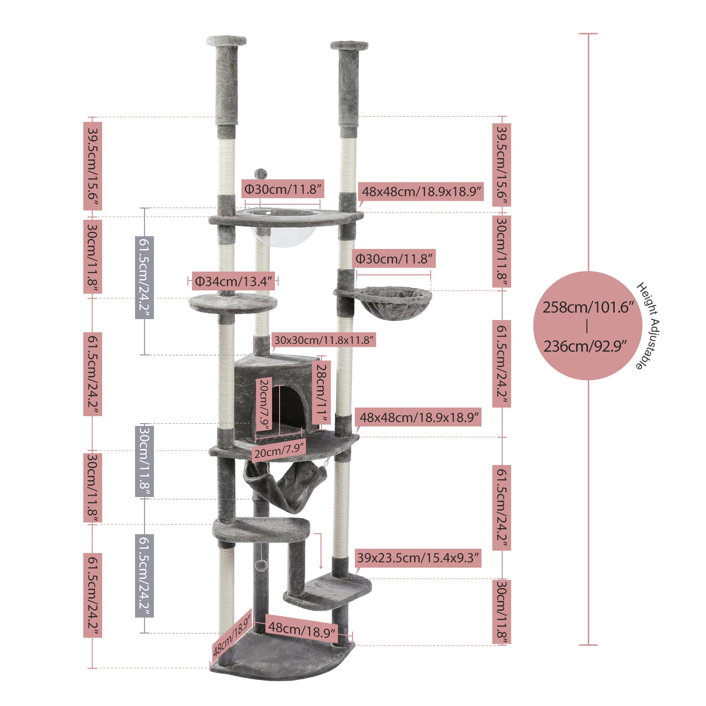 PAWZ Road Cat Tree Tower Scratching Post Floor to Ceiling Height Adjustable Cat Condo Bed Grey