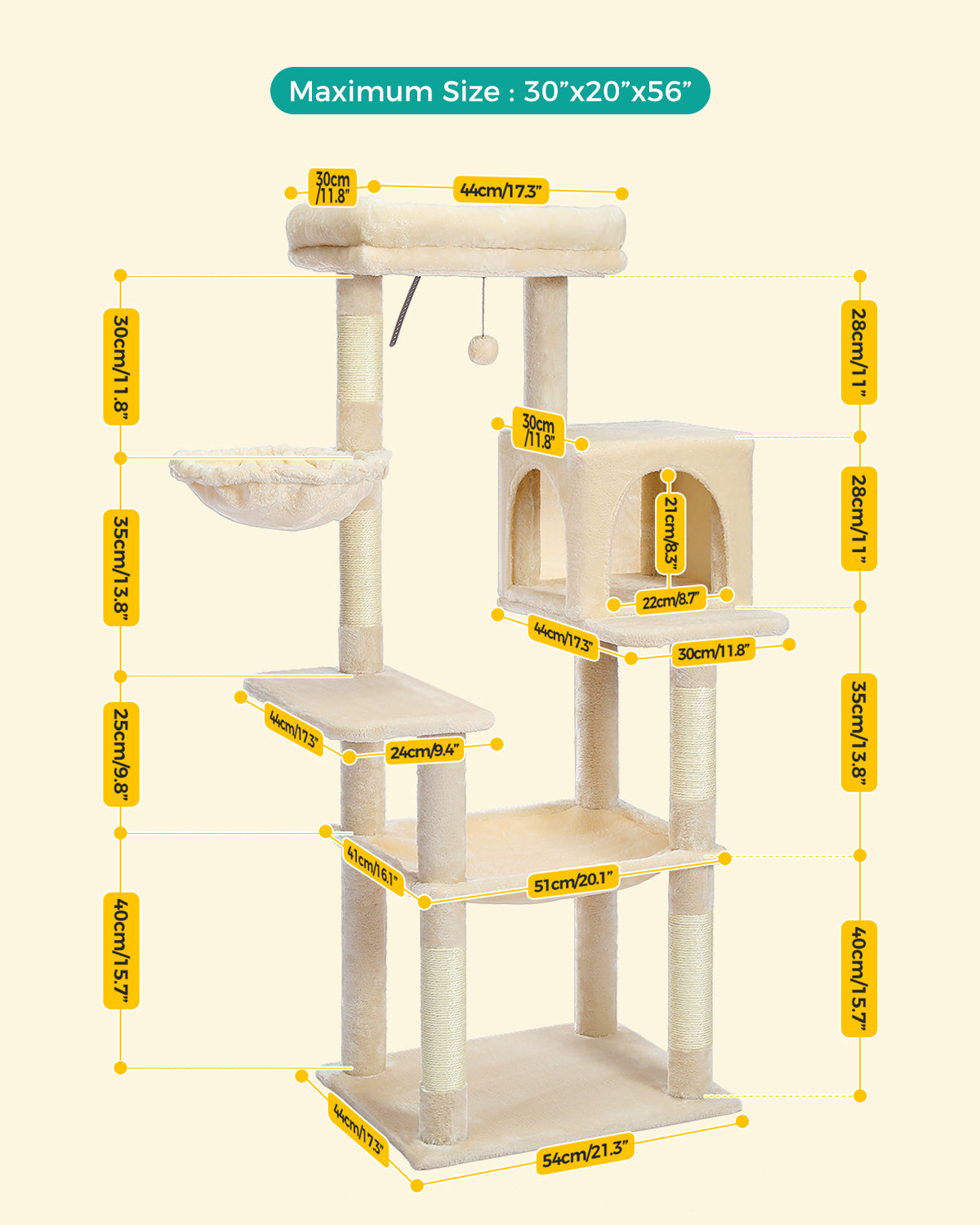 PAWZ Road Cat Tree Scratching Post Tower for Large Cats Play House Condos 143cm Beige