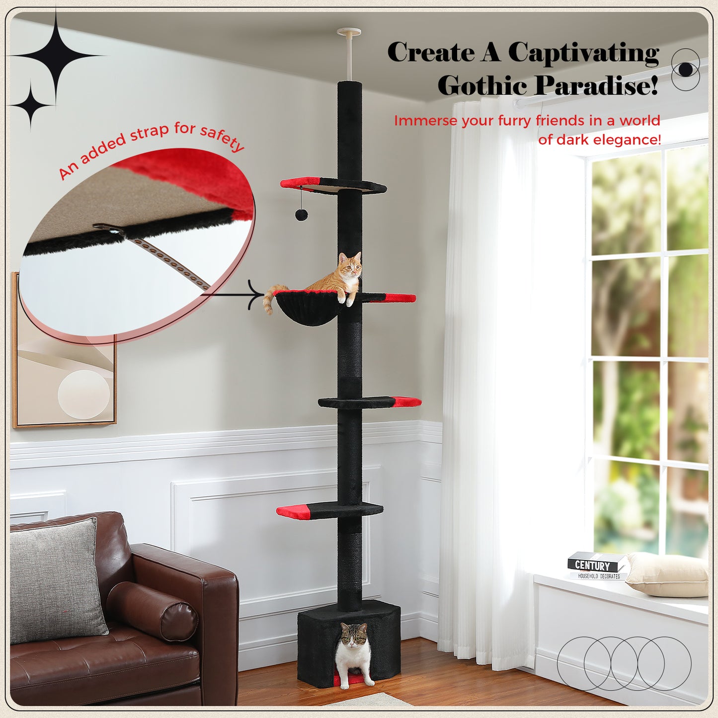 PAWZ Road Gothic Cat Tree Tower Floor to Ceiling Cat Scratching Post Scratcher Black