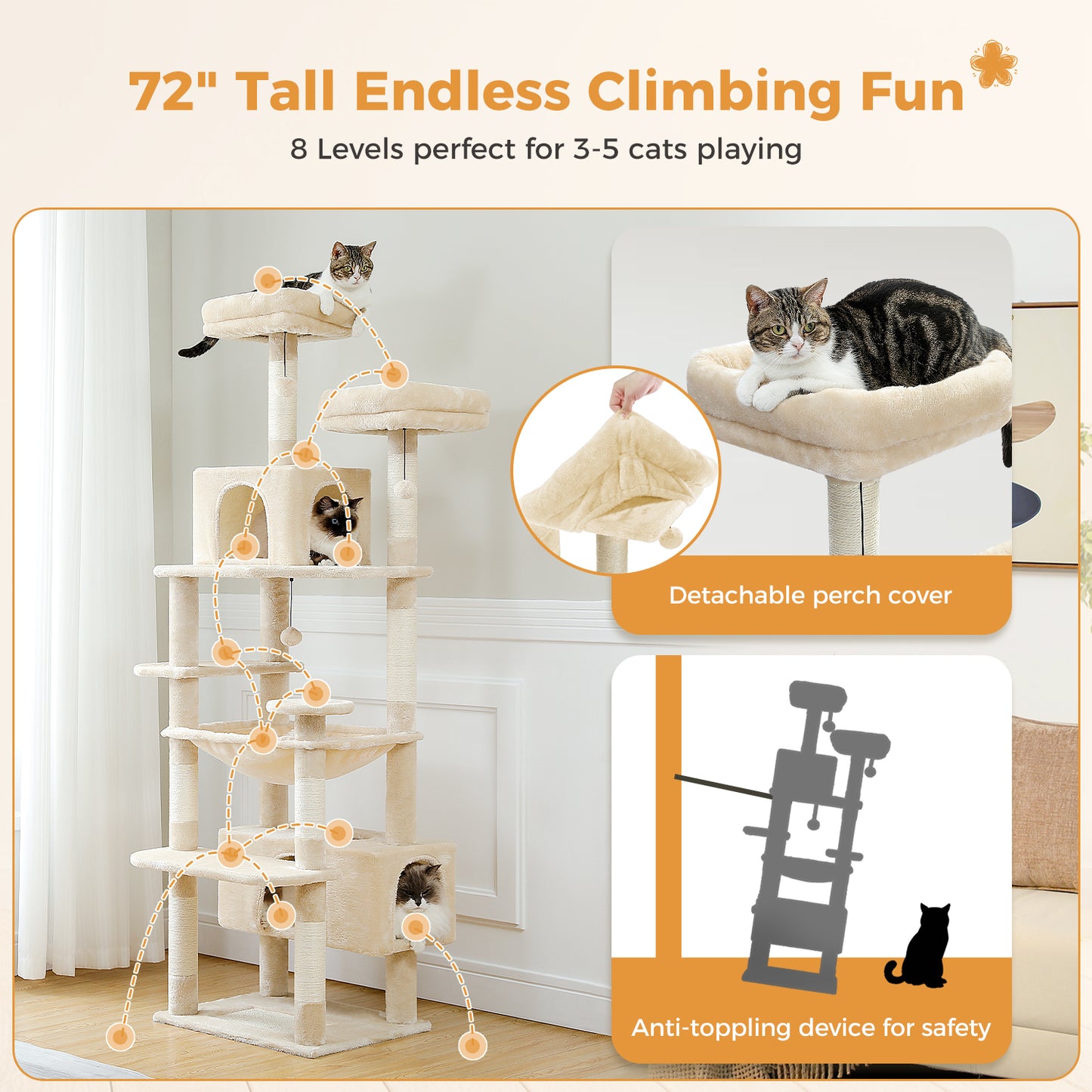 PAWZ Road 184cm Cat Tree Tower Scratching Post Scratcher Condo House Bed Toy Furniture Beige