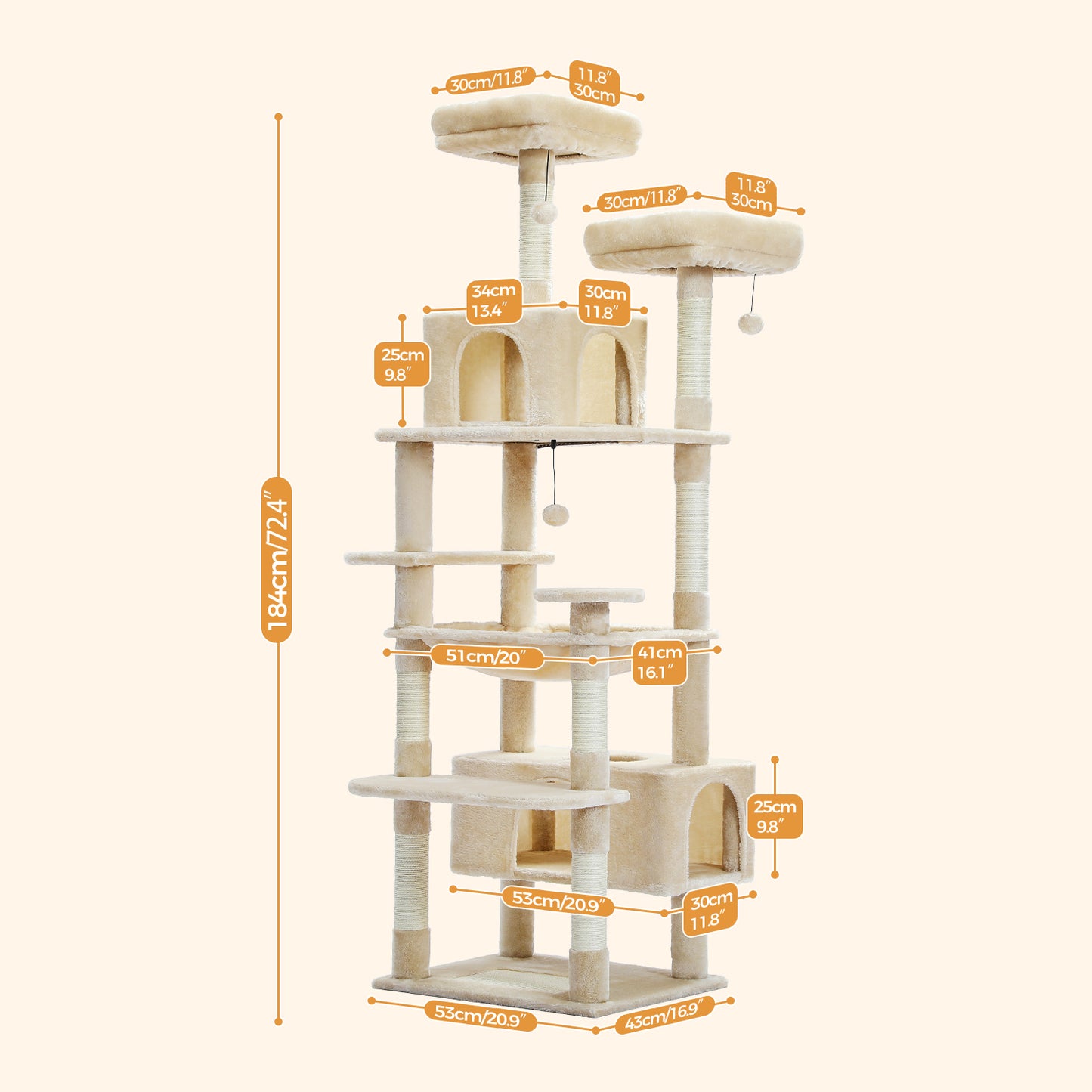 PAWZ Road 184cm Cat Tree Tower Scratching Post Scratcher Condo House Bed Toy Furniture Beige