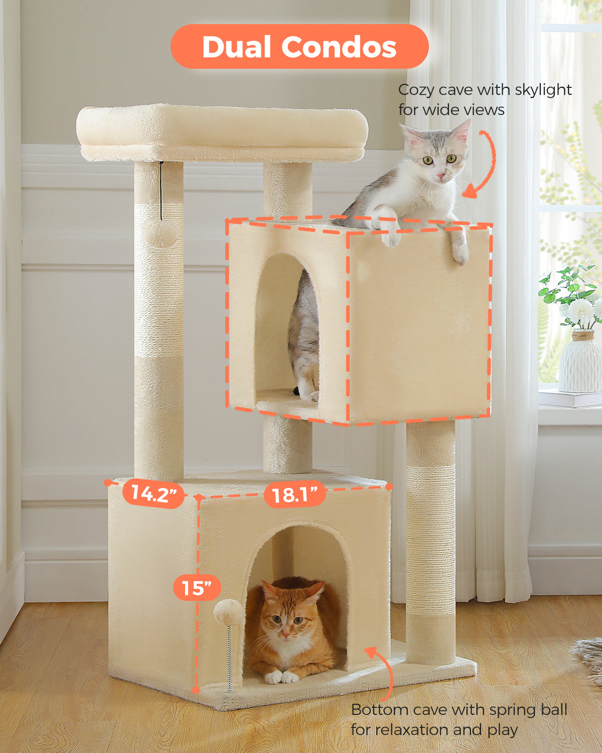 PAWZ Road 110cm Cat Tree Tower Scratching Post Scratcher with Large Condo House Beds for Large Cats Beige