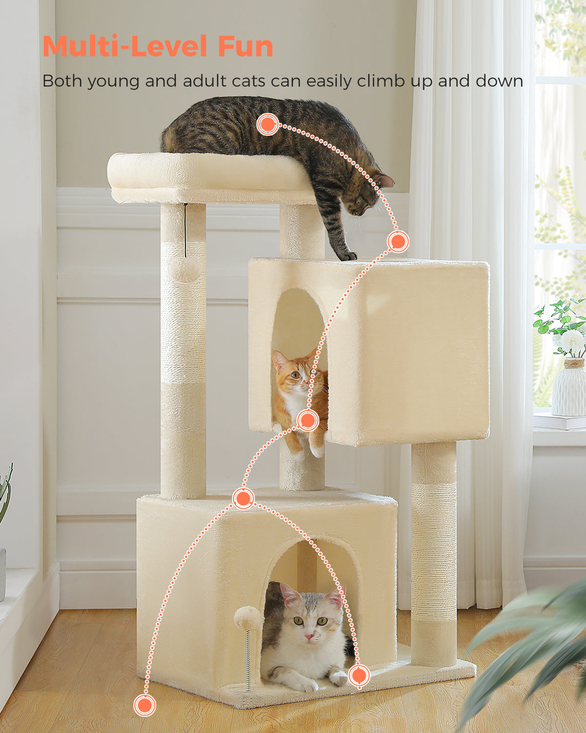 PAWZ Road 110cm Cat Tree Tower Scratching Post Scratcher with Large Condo House Beds for Large Cats Beige