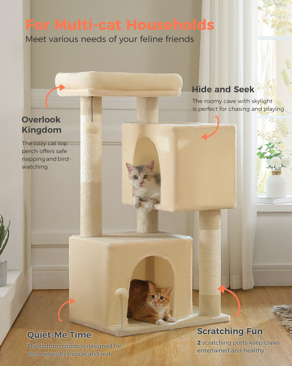 PAWZ Road 110cm Cat Tree Tower Scratching Post Scratcher with Large Condo House Beds for Large Cats Beige