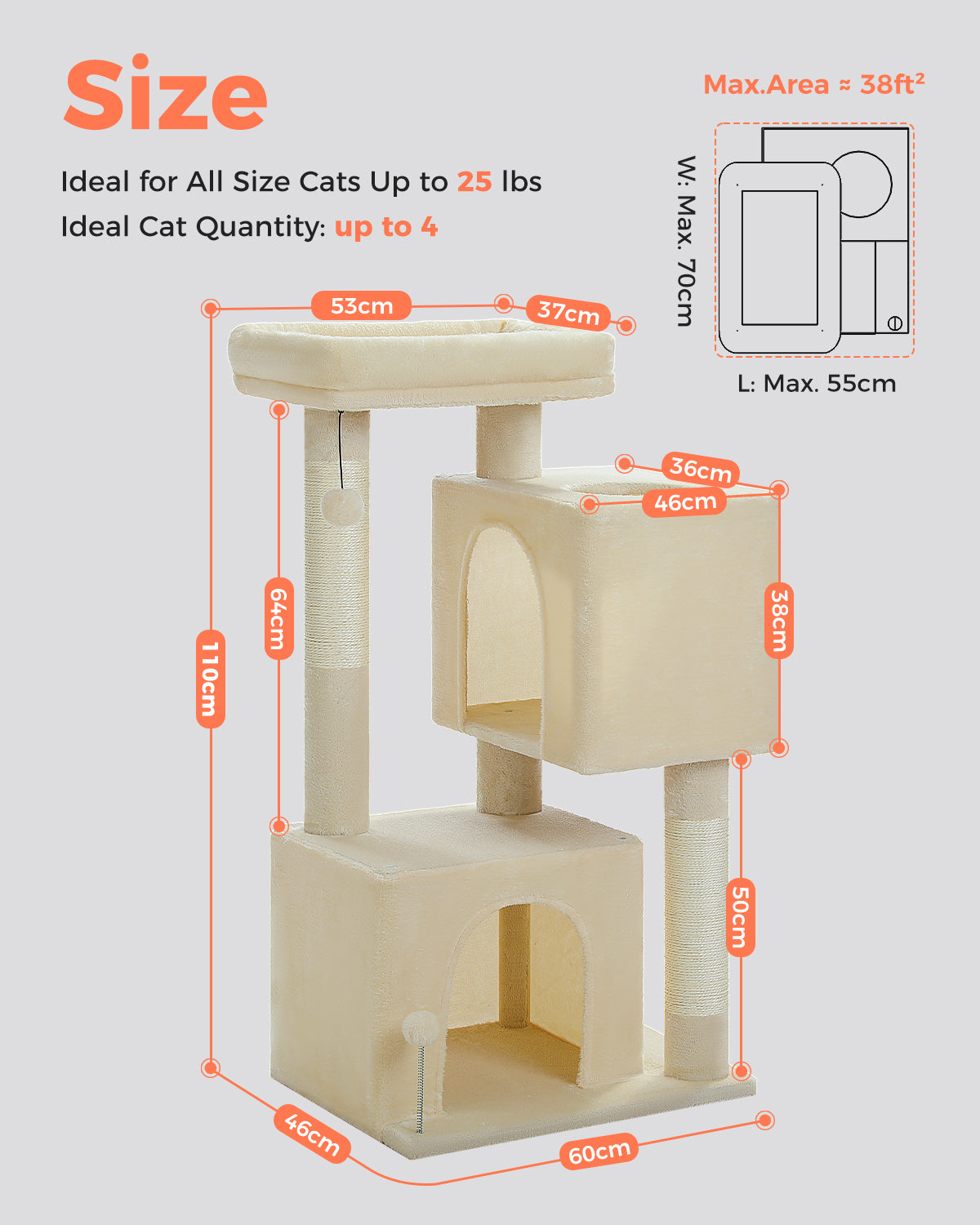 PAWZ Road 110cm Cat Tree Tower Scratching Post Scratcher with Large Condo House Beds for Large Cats Beige
