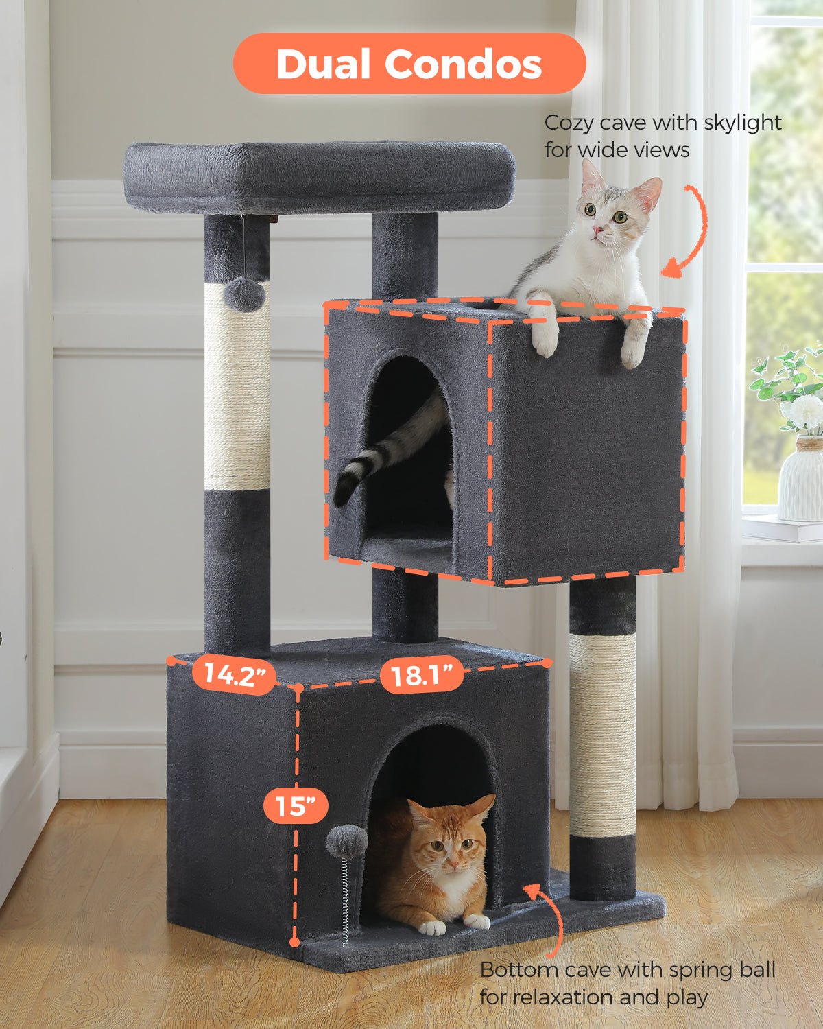 PAWZ Road 110cm Cat Tree Tower Scratching Post Scratcher with Large Condo House Beds for Large Cats Dark Grey