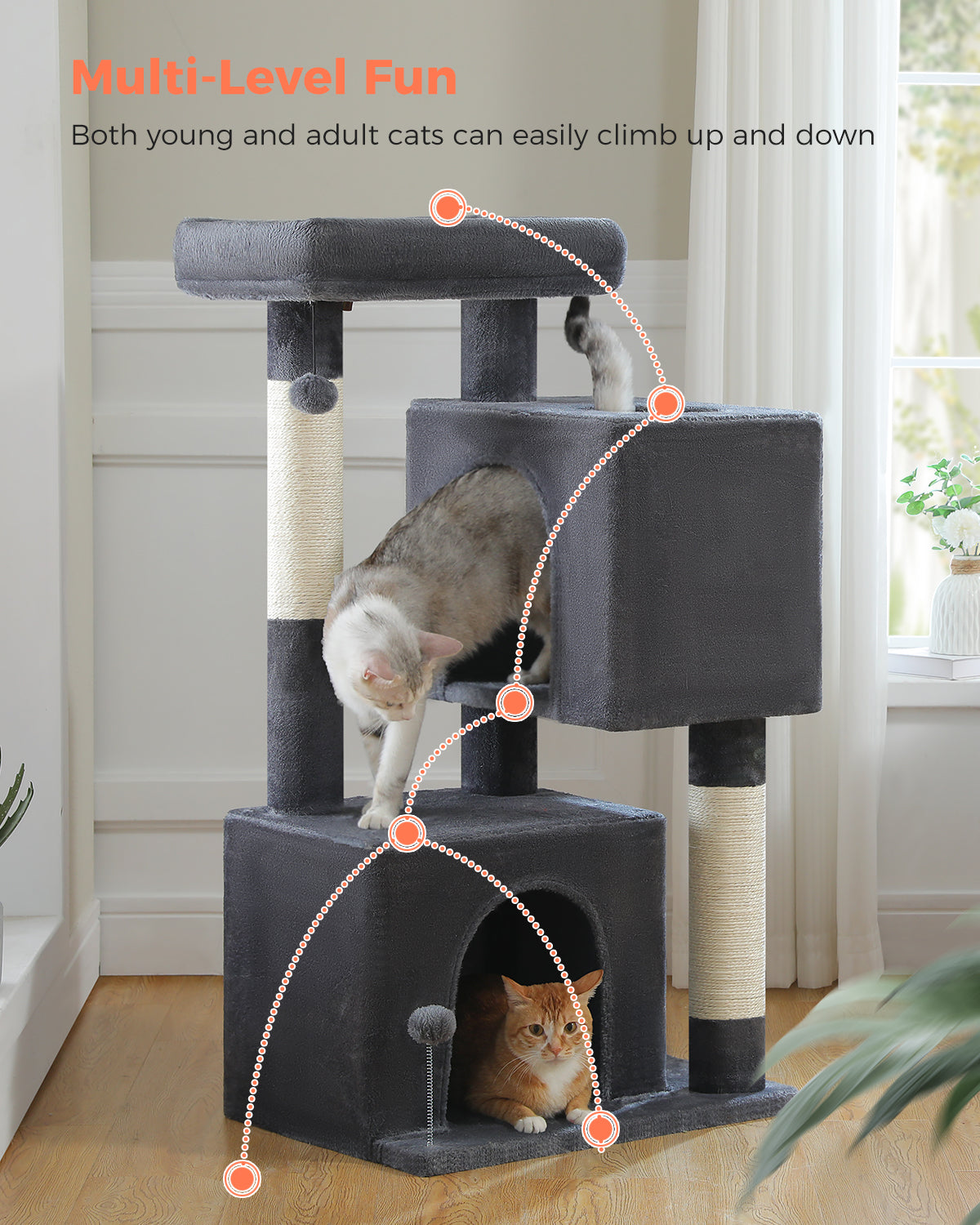 PAWZ Road 110cm Cat Tree Tower Scratching Post Scratcher with Large Condo House Beds for Large Cats Dark Grey